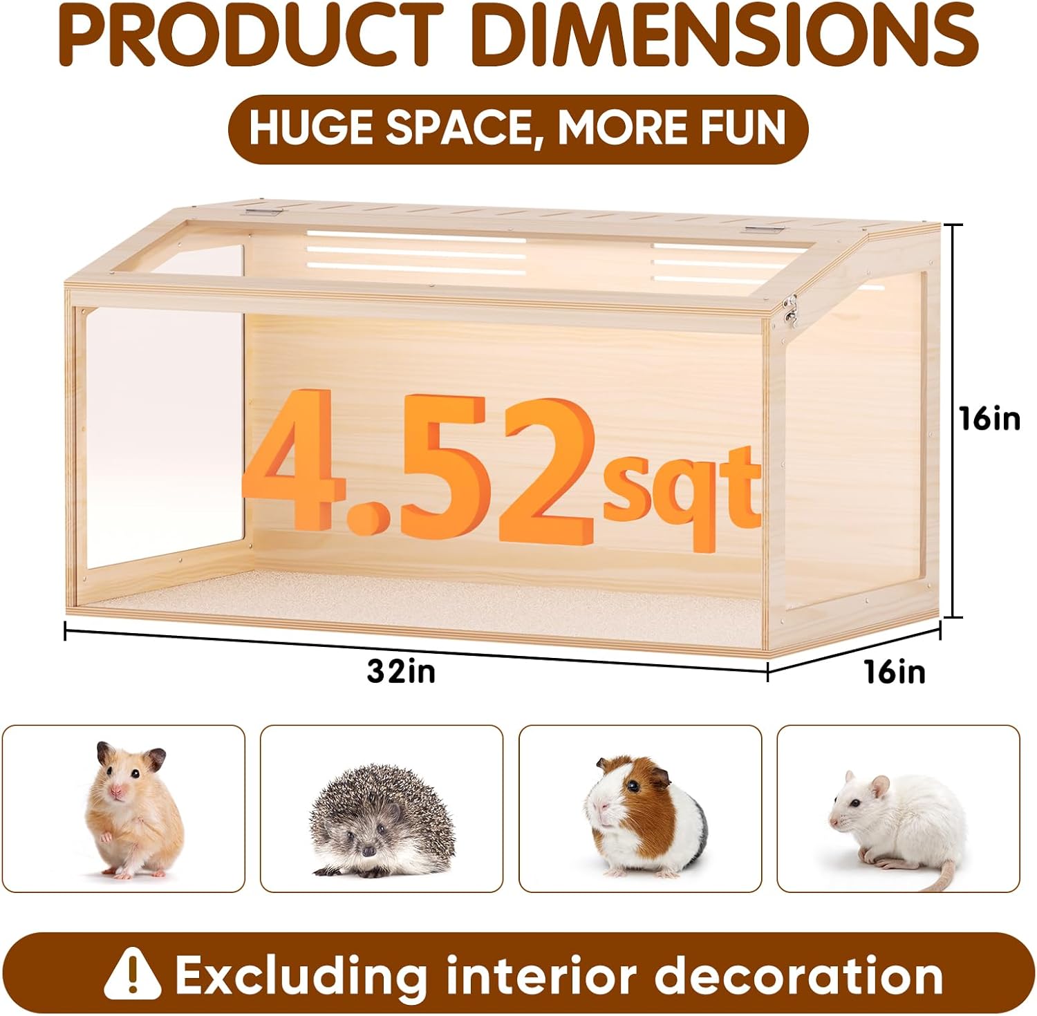 Wooden Hamster Cage, 32inch Large Hamster Enclosure with Openable Top & Stabilized Acrylic for Small Animals, Guinea Pig, Rabbit, Rat, 32" L x 16''W x 16''H Hamster Habitat with Multi-Vent - Image 2