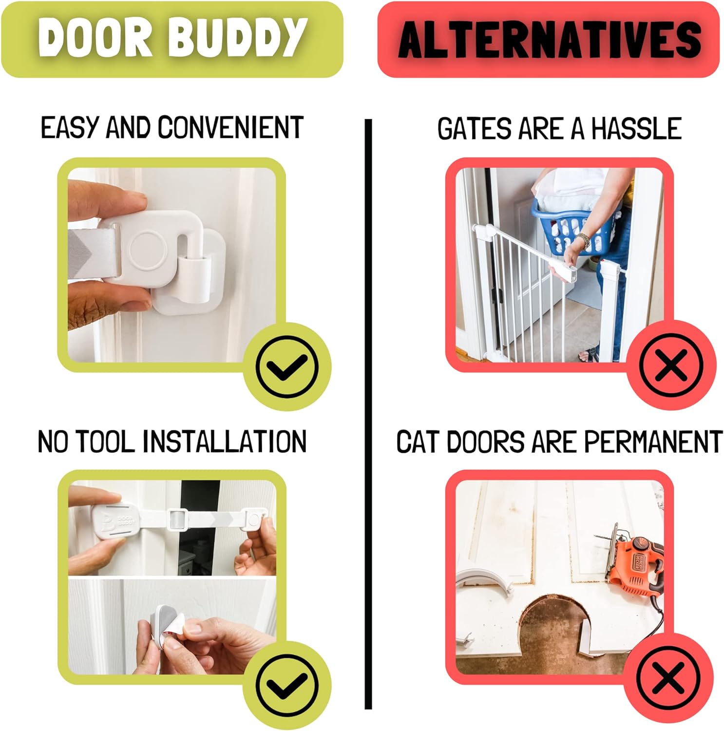 Door Buddy Baby & Cat Door Latch - Grey. Adjustable Strap Keeps Kids Out of Cat Areas. Simple Child Safety Lock for Doors. The Easier Baby Gate and Kitty Door Interior Alternative. - Image 5