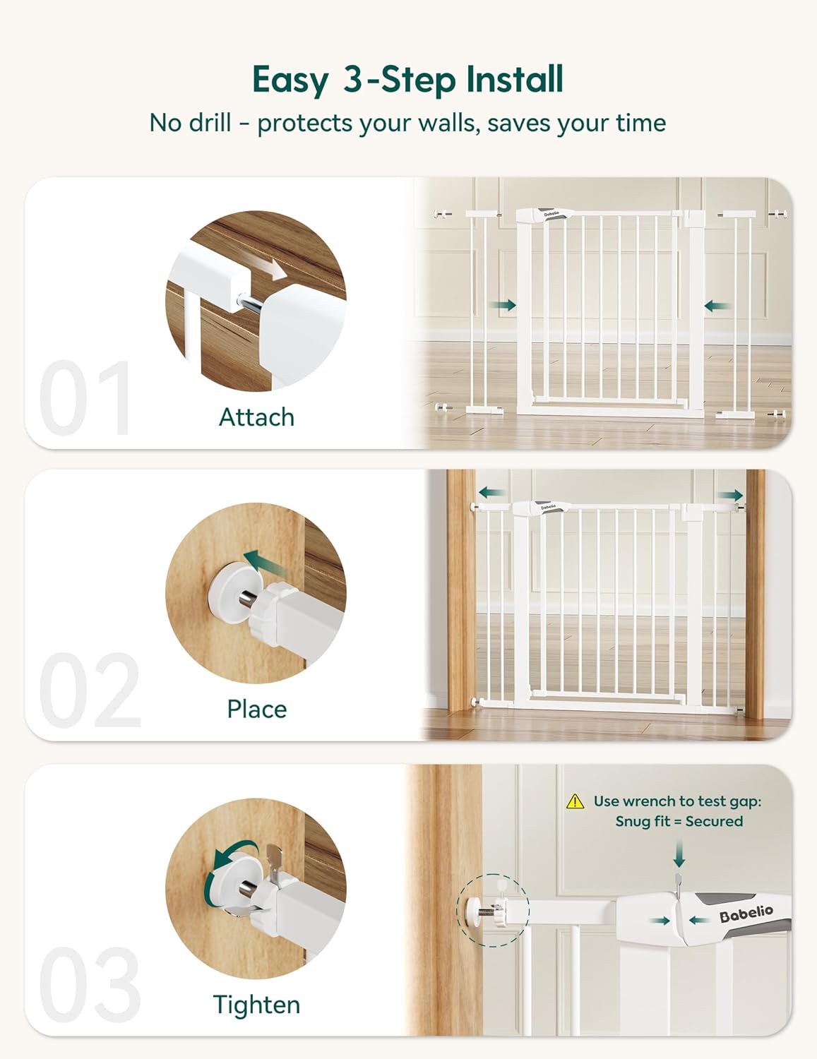 Babelio Metal Baby Gate, 29-48" Auto Close Easy Install Pet Gate, Extra Wide Walk Thru Child Safety Gate, Pressure Mounted Dog Gate for Doorways & Stairs, with Y Spindle Rods, White - Image 5