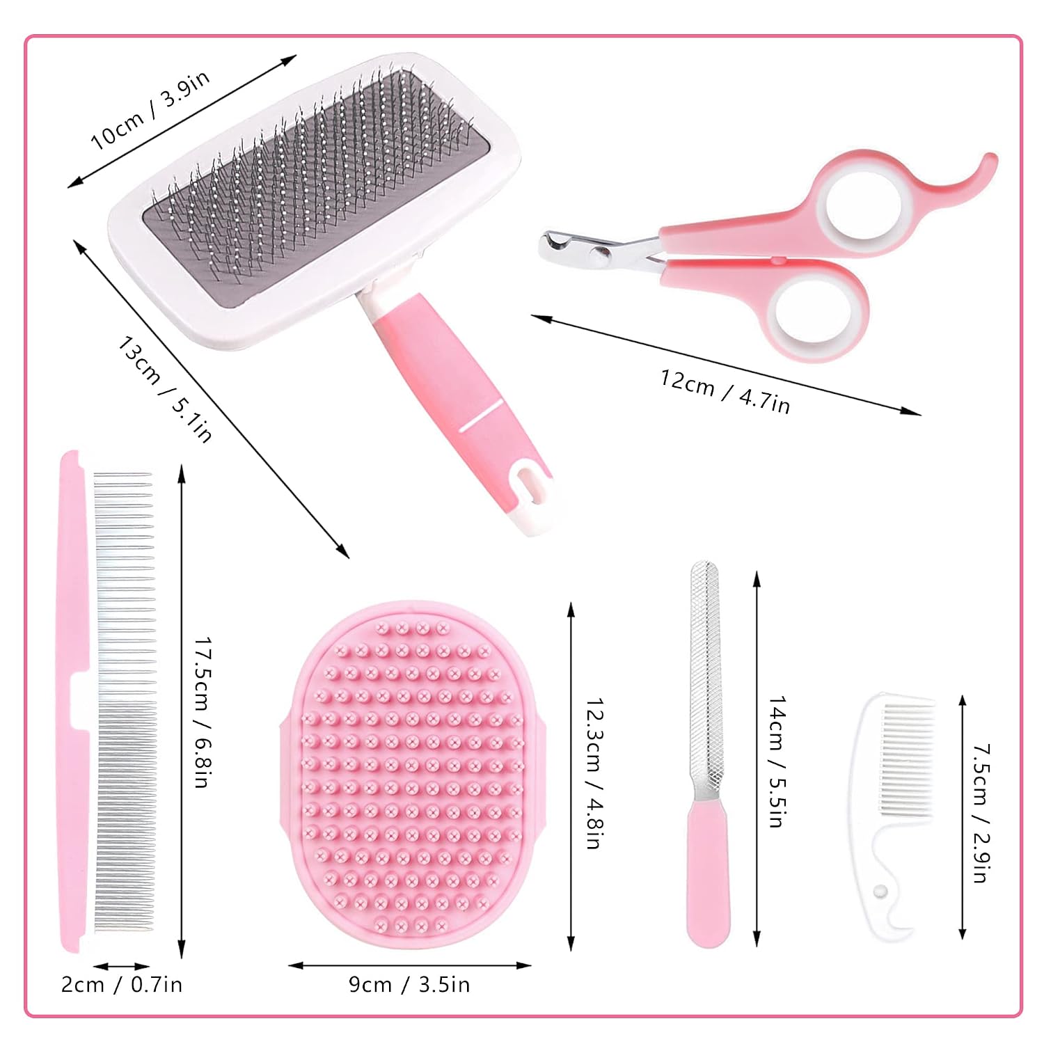 Small Animal Pet Grooming Kit with Pet Shedding Slicker Brush, Bath Massage Glove, Pet Grooming Comb, Nail Clipper Trimmer for Rabbit, Puppy, Kitten, Guinea Pig, Hamster, Ferret (Pink) - Image 2