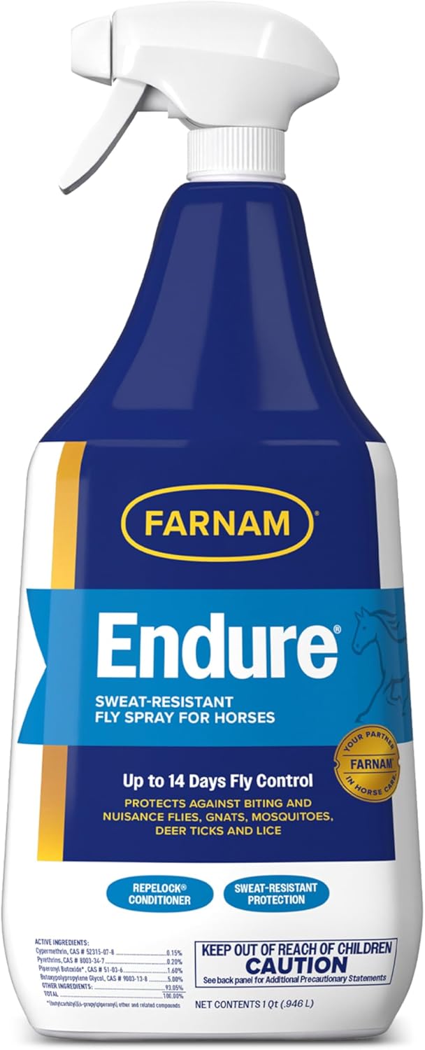 Farnam Endure Fly Spray for Horses - Long-Lasting Sweat-Resistant Fly Repellent, Repels Flies, Mosquitoes, Gnats and Ticks, Up to 14 Days Fly Control - 32 oz Spray