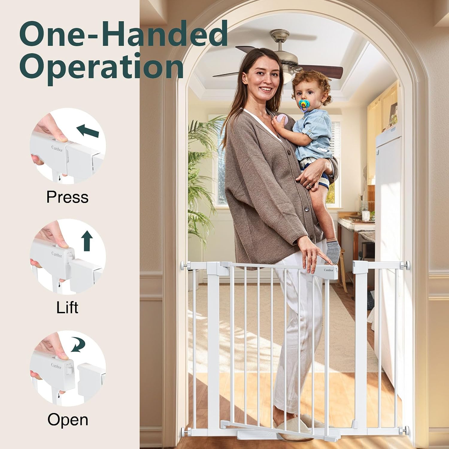 Cumbor 29.7-40.6" Baby Gate for Stairs, Mom's Choice Awards Winner-Dog Gate for Doorways, Pressure Mounted Auto-Close Pet Gates for Dogs Indoor, Safety Child Gate with Easy Walk Thru Door, White - Image 8