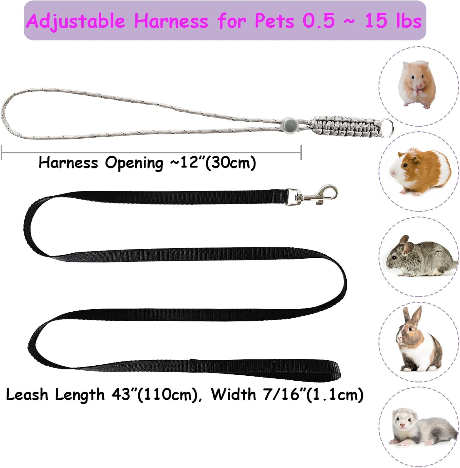 Handmade Figure 8 Harness and Leash for Ferrets/Guinea Pigs/Rats | Adjustable, Lightweight & Safe | Fits Small Animals: Bunnies/Bearded Dragons/Chinchillas/Reptiles/Birds/Squirrels/Rabbits - Image 3