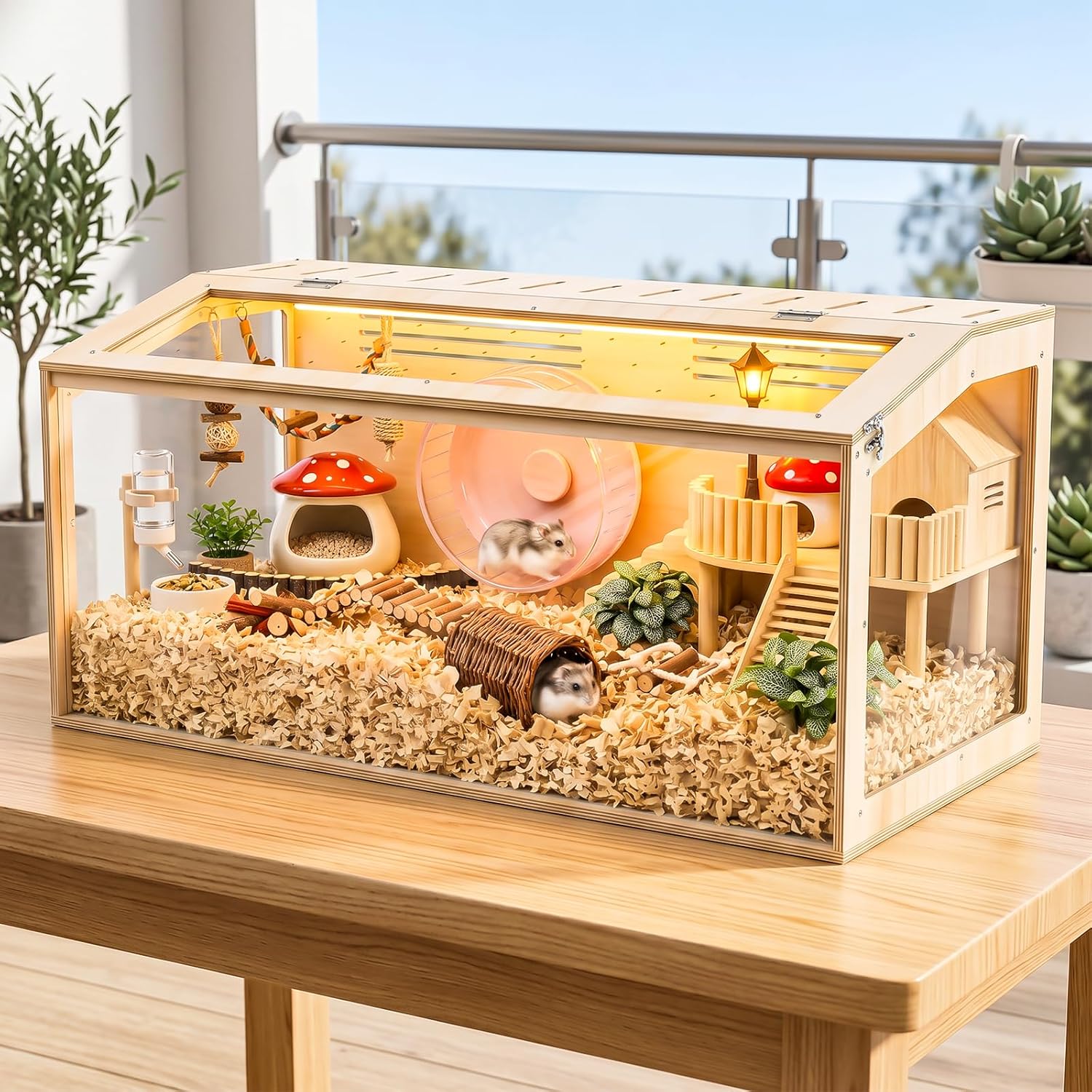 XiaZ Large Hamster Cage,40Inch Hamster Cage with Panoramic View and Ventilated Top, Spacious Acrylic Glass Habitat for Syrian Dwarf Hamsters and Degus, Natural Wood Frame Enclosure - Image 5