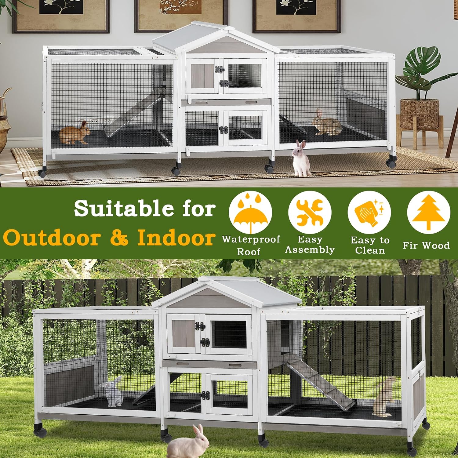 PetsCosset Double Rabbit Hutch Outdoor Indoor Large Bunny Cage with Dual Side Runs, 2-Story Wooden Hutch with 4 Leak Proof Trays, 8 Wheels, Waterproof Roof, Ramp, for Small to Medium Animals - Image 8