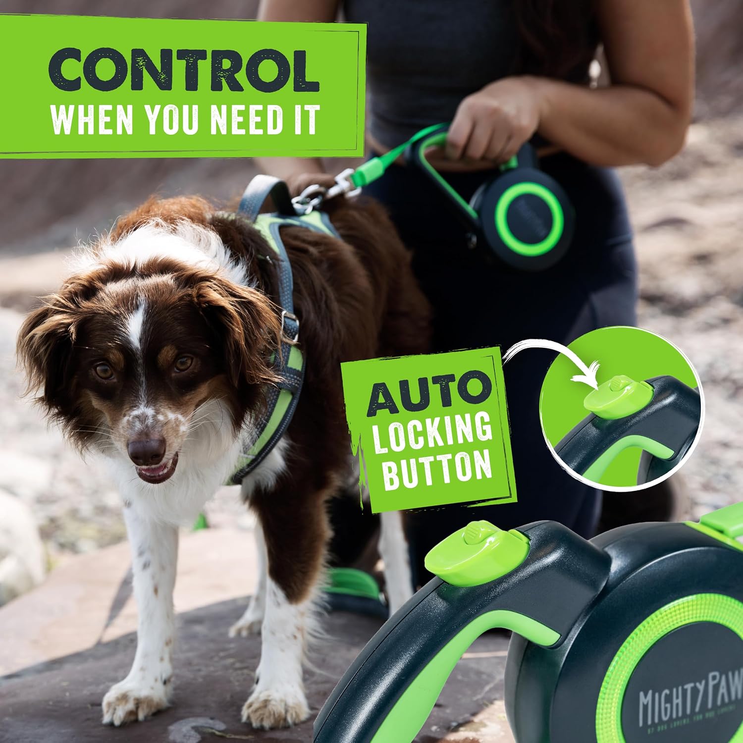 Mighty Paw Retractable Dog Leash 2.0 | 16' Heavy Duty Reflective Nylon Tape Lead for Pets up to 0-50 lbs. Tangle Free Design W/One Touch Quick-Lock Braking System & Anti-Slip Handle (Green/Lite) - Image 3