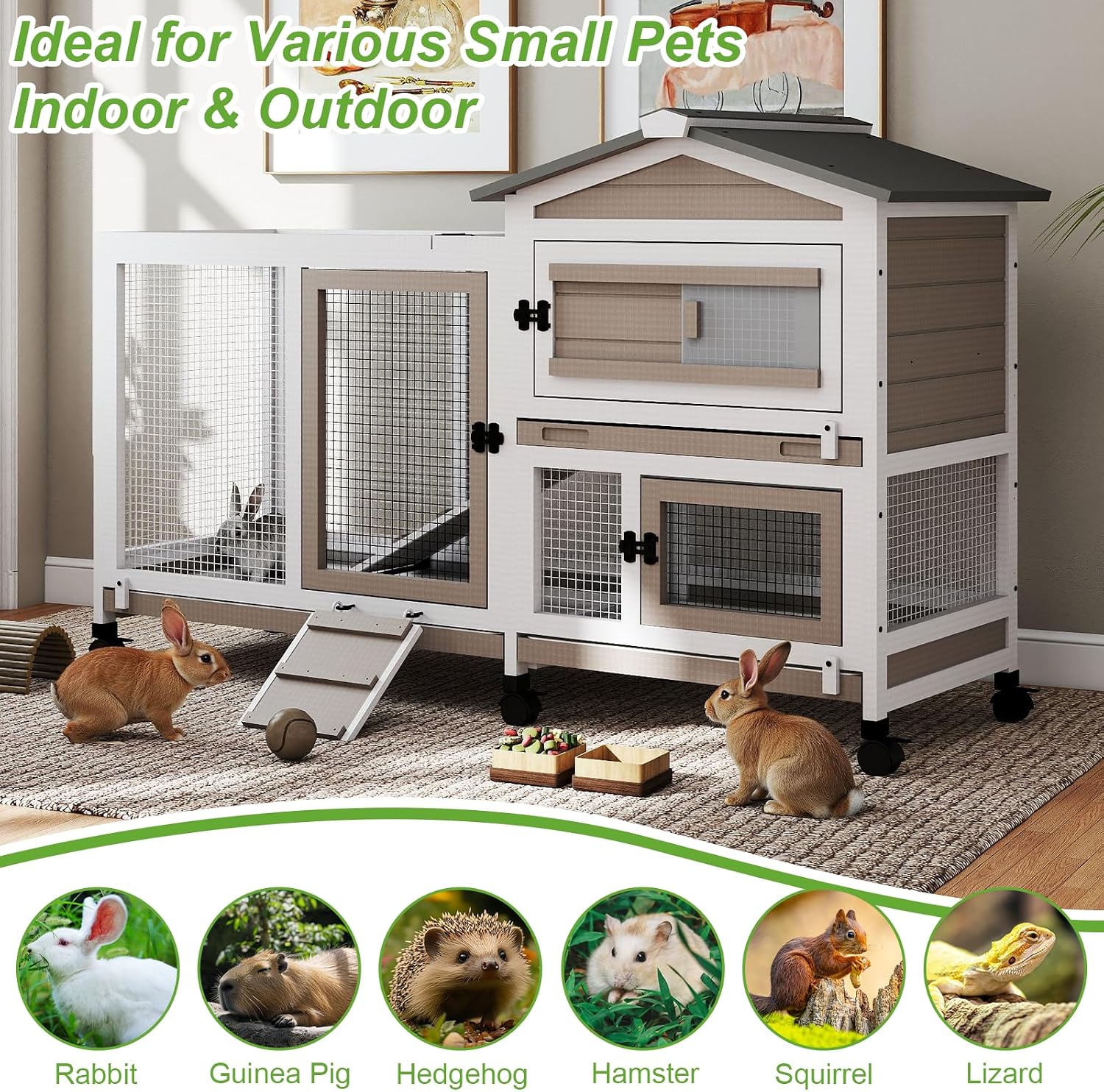 2 Story Rabbit Hutch Outdoor Indoor, Wooden Bunny Cage with 6 Lockable Wheels, 3 Removable No Leakage Pull Out Trays, Chew-Proof Ramp & Waterproof Roof, Ideal for Rabbit & Guinea Pig - Image 4