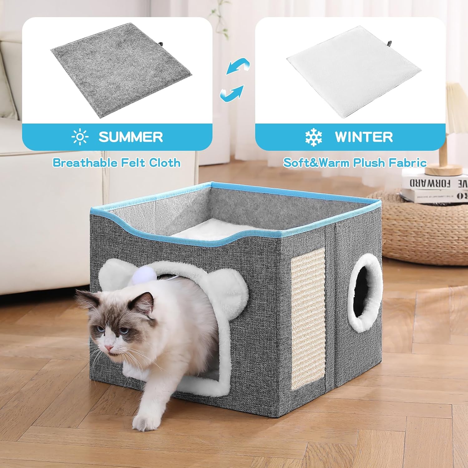 Cat House for Indoor Cats, Large Cat Bed Cave with Scratch Pad and Fluffy Ball, Foldable Cat Hideaway Condo, Kitten Bed, 16x16x13inch (Grey, Large) - Image 3