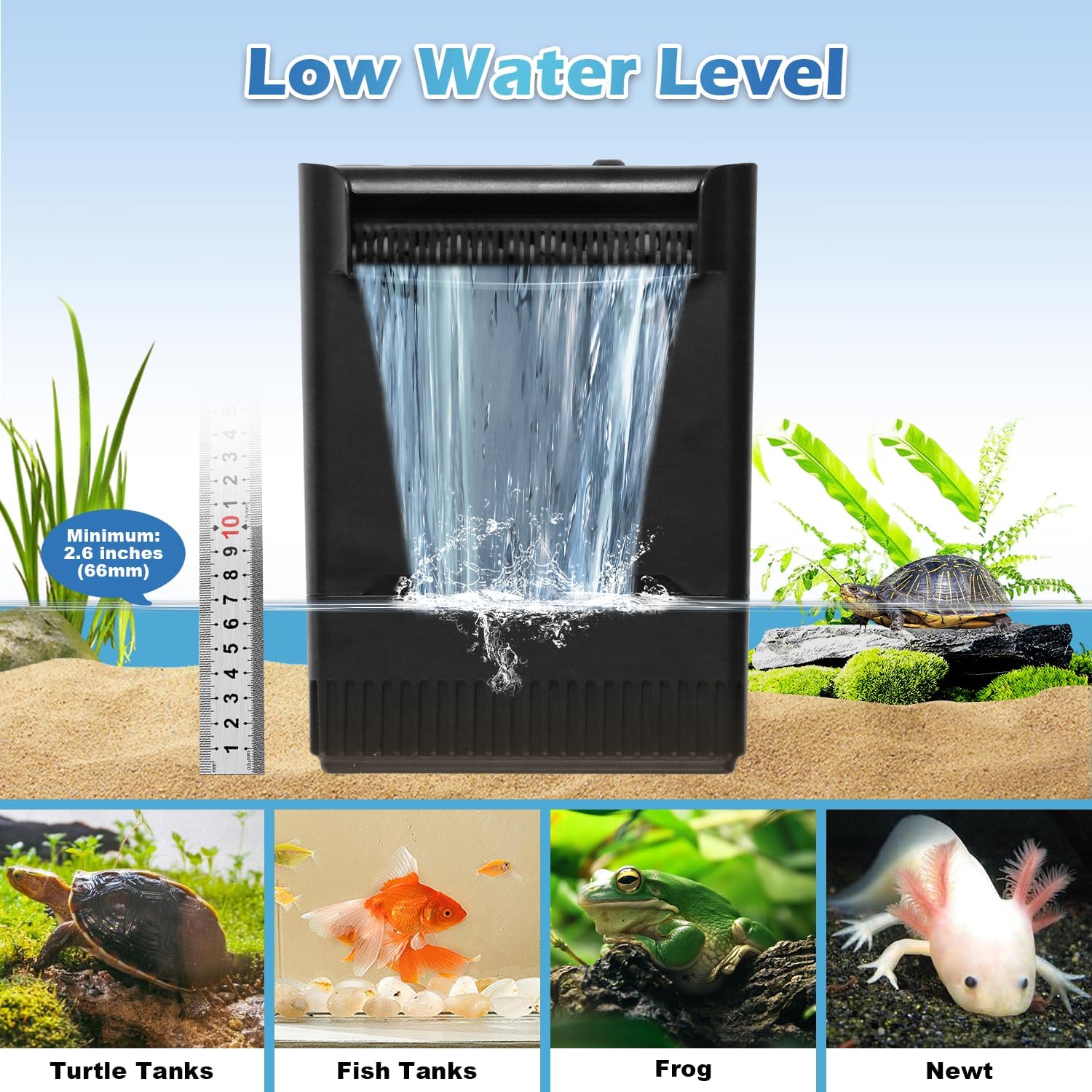 Turtle Tank Filter Aquarium Filter Power Adjustable 20-75 Gal. 290GPH Large Internal Filter 3-Stage Waterfall Bio-Filtration Low Water Level for Freshwater Saltwater Fish Tank Reptile Shrimp Frog - Image 6