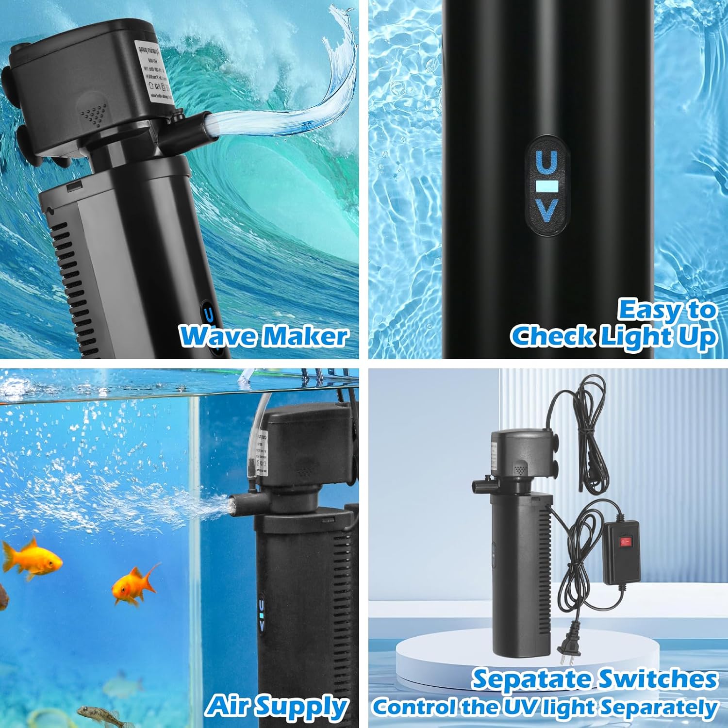 TARARIUM Aquarium Filter U-V for 20-75 Gallon, 200GPH Fish Tank Filter w/ 5W U-V Light Green Clean Machine Submersible Powerful Pump Internal Filter for Turtle Tank Saltwater Freshwater Crystal Clear - Image 5
