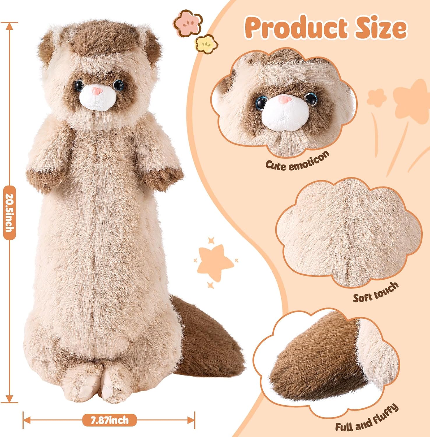20.5 Inch Ferret Plush Stuffed Animal Long Cute Ferrets Pillow Soft Doll Stuffed Cute Toys Animals Lover Gift Kid Birthday Holiday Party Favor(Brown Ferret) - Image 2
