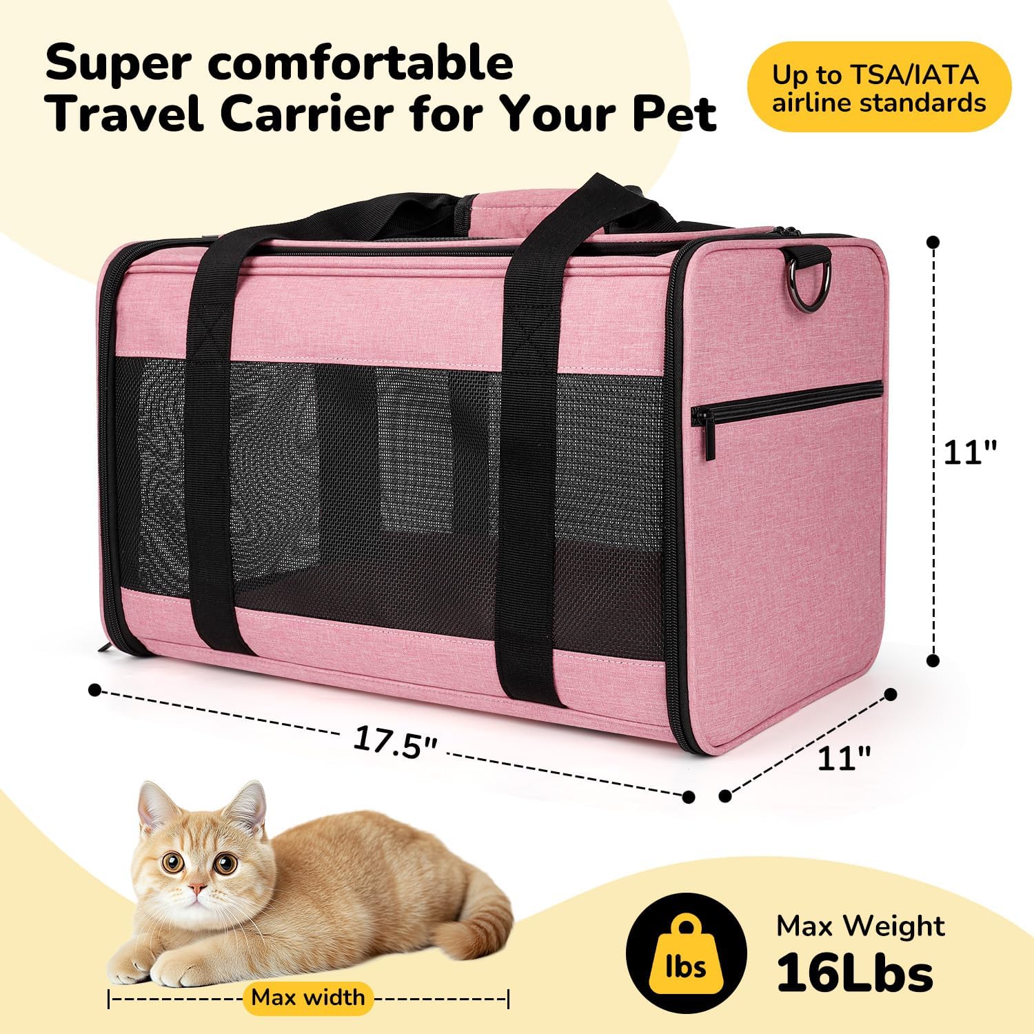 Hipubby Cat Carrier Dog Carrier for Pets Up to 16 Lbs, Soft-Sided Pet Travel Carrier for Cats and Small Dogs, Airline Approved Pet Carrying Case with Shoulder Strap & Removable Mat - Pink - Image 4