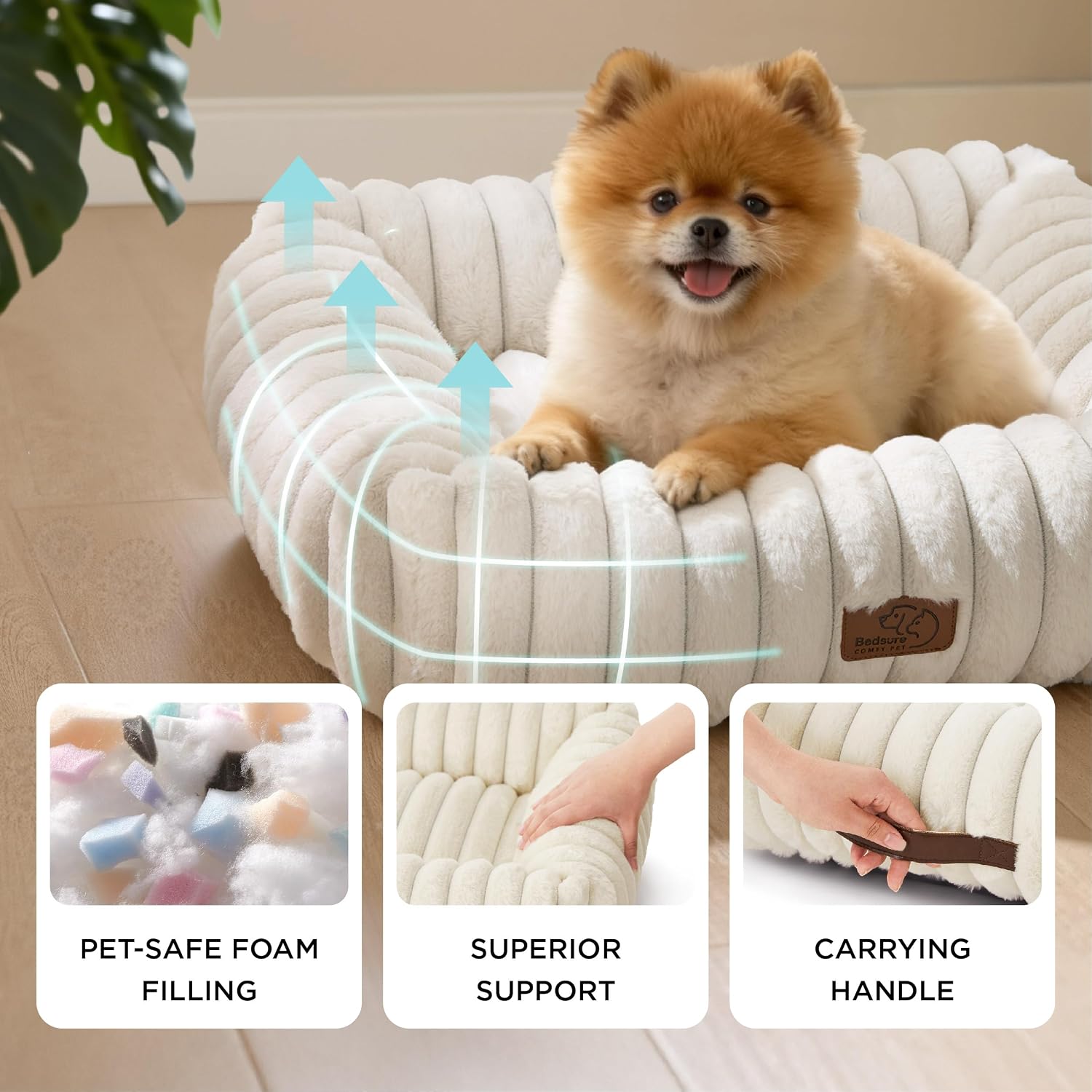 Bedsure ComfyFleece™ Cute Dog Bed for Small Medium Dogs Washable,25in Cream | Furry Puppy Beds,Square Rectangle Orthopedic Corduroy Aesthetic Pet Beds,Removable Zipper Cover,Non-Slip Bottom,Up to 15 Lbs - Image 3