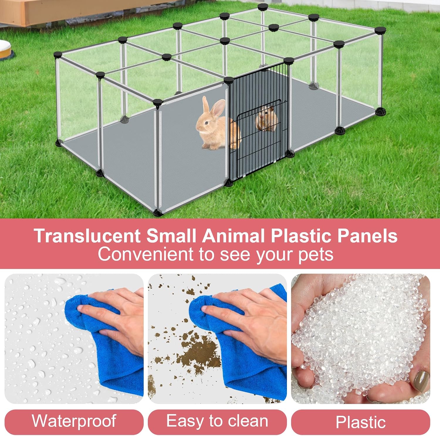 20 Panels Small Animals Playpen, 48" x 24" x 16" Transparent Pet Playpen with Waterproof Mat,Portable Plastic Enclosure Cage for Chicken/Guinea Pigs/Bunny/Ferrets/Hamsters/Hedgehogs Indoors Outdoor - Image 6