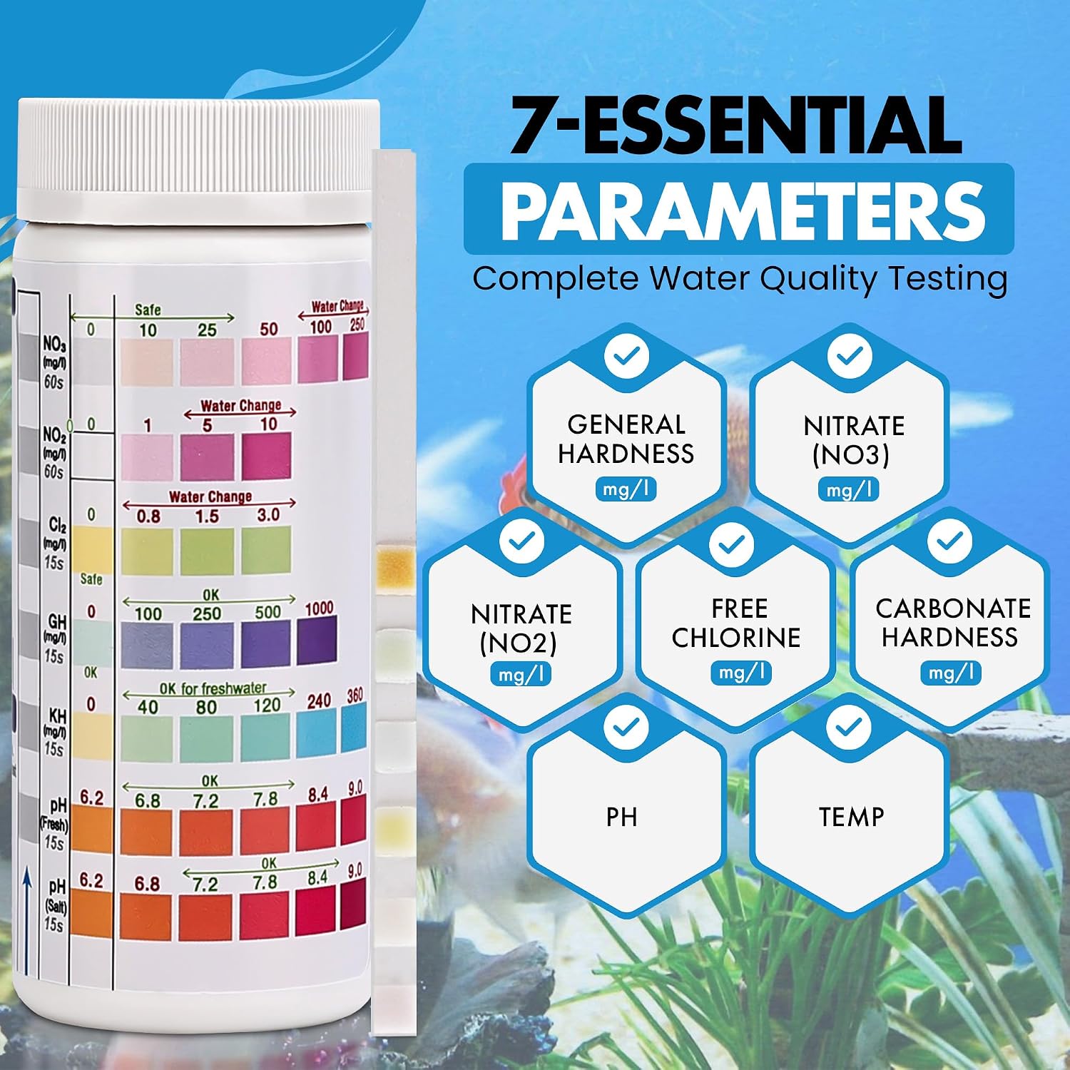 7 in 1 - Aquarium Test Strips | 100 Fast & Accurate Strips | Fish Tank Aquariums Water Test Kit & ebook | Aquarium Thermometer | Fish Tank Water Testing Kit for Fresh & Saltwater | Versatile Usage - Image 2