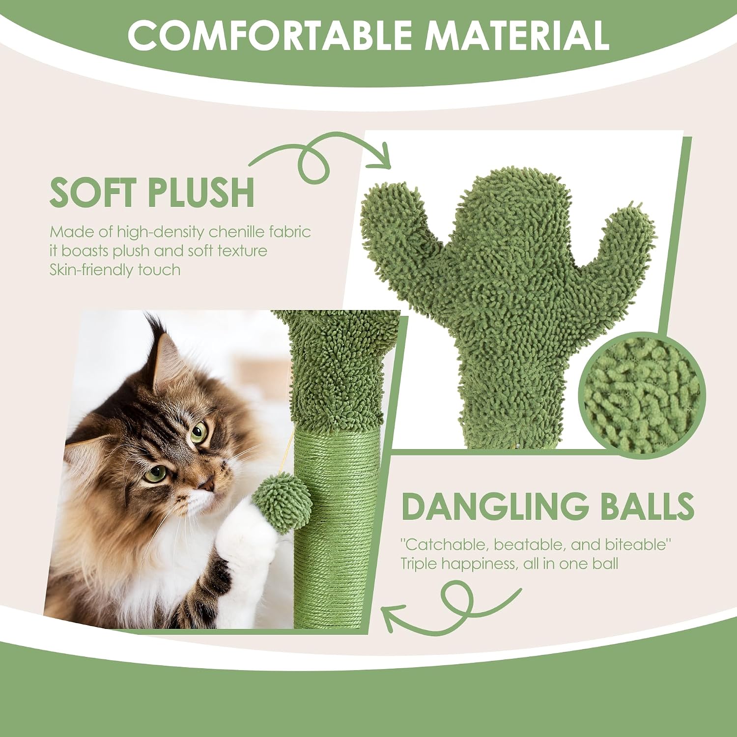 41.5" Cactus Cat Scratching Post, Heavy Duty Sisal Scratcher with Interactive Ball & Grooming Brush, Stable Anti-Tip Cat Tree for Indoor Cats & Large Cats - Image 4