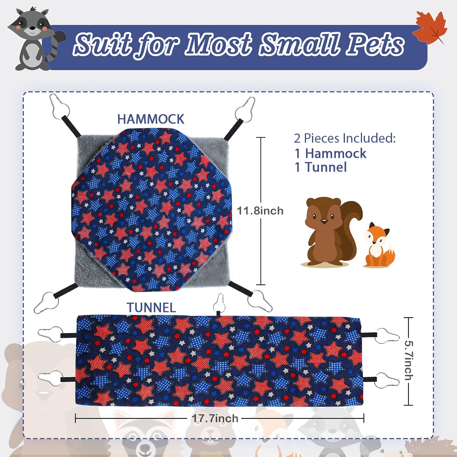petonfun Ferret Rat Hammock Set Guinea Pig Hideout Bed,Soft Hamster Toys Hanging Tunnels and Tubes,Plush Small Animal Pet Chinchilla for Cage Accessories Hide,Play and Sleep,2 Pack,Blue Star - Image 2