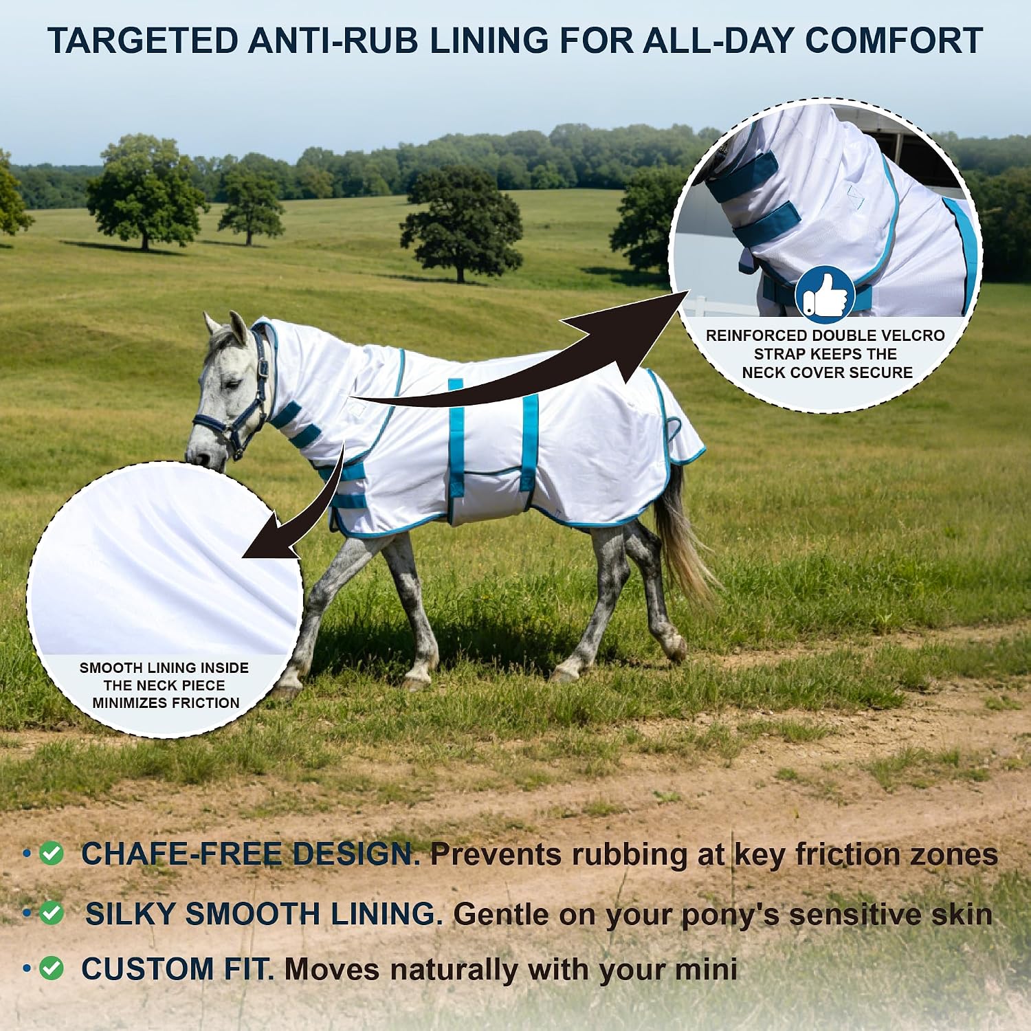 Fly Sheet for Mini Horse/Pony/Foal & Weanling/Yearling/Donkey - Detachable Neck Cover & Belly Wrap, Lightweight Airflow Mesh Summer Sheet for Pasture & Stable, UV Protection White 40" - Image 6