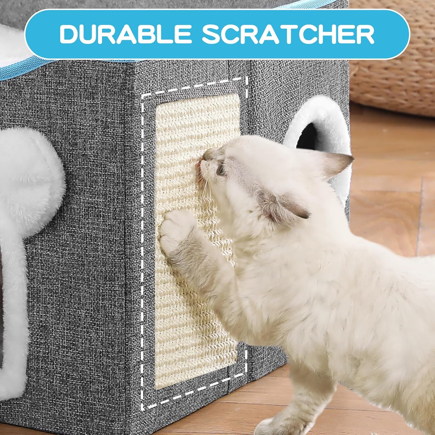 Cat House for Indoor Cats, Large Cat Bed Cave with Scratch Pad and Fluffy Ball, Foldable Cat Hideaway Condo, Kitten Bed, 16x16x13inch (Grey, Large) - Image 7