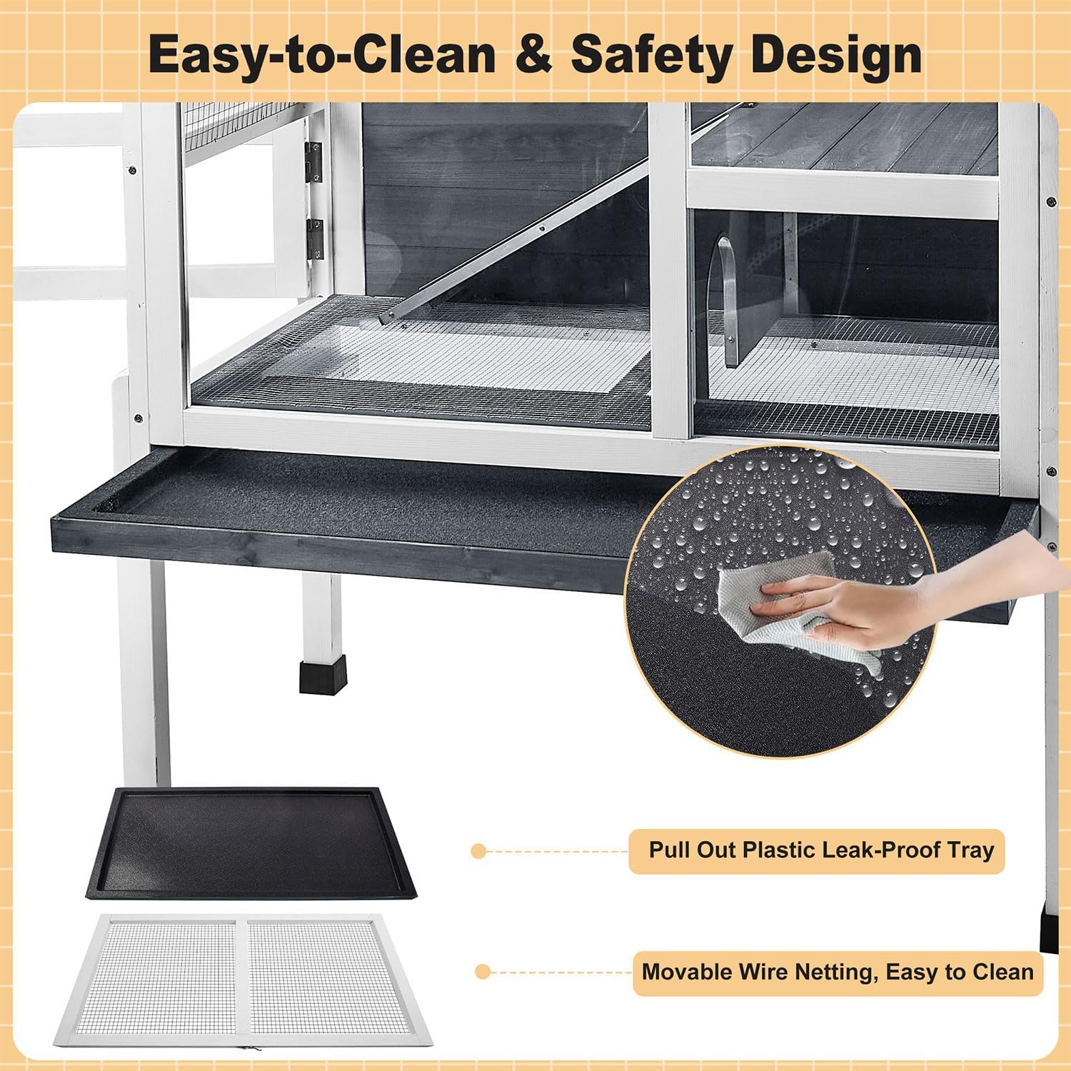 2-Story Guinea Pig Cage with Stand, Indoor Wooden Hamster Cage with Ramp, Pull-Out Tray, Hideout & Platform, Acrylic Transparent Small Animal Habitat for Chinchillas, Ferrets, Hedgehogs,Grey - Image 7