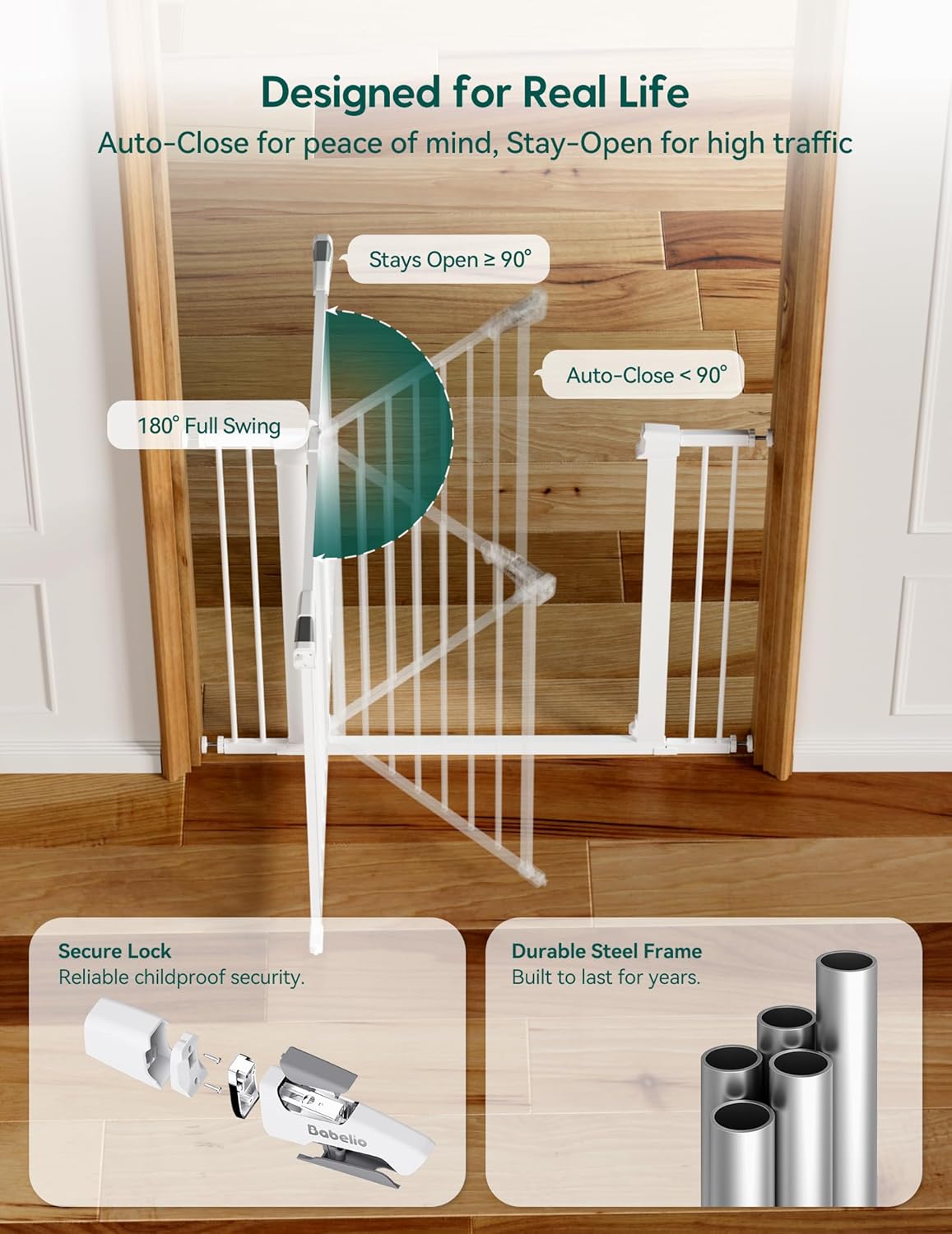 Babelio Metal Baby Gate, 29-48" Auto Close Easy Install Pet Gate, Extra Wide Walk Thru Child Safety Gate, Pressure Mounted Dog Gate for Doorways & Stairs, with Y Spindle Rods, White - Image 6