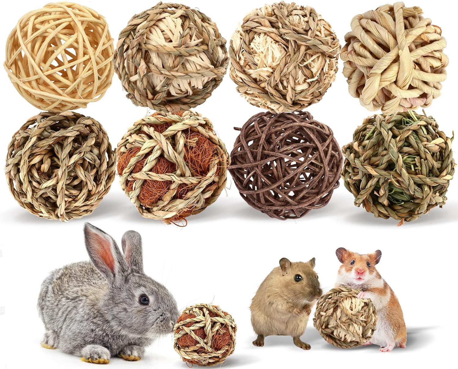 VESPRO Bunny Chew Grass Balls, Rolling Chew Toys for Small Animals, Natural Chew Grass Toys and Bunny Treats for Rabbits, Guinea Pigs, Chinchillas, Hamsters, Mice Teeth Grinding (8 Pcs)