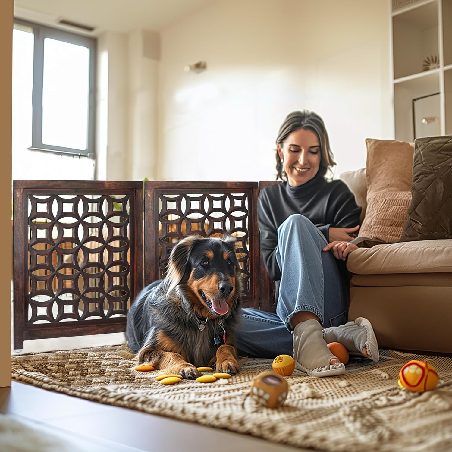Croft&Cane Wooden Foldable Pet Dog Safety Gate – 3 Panel Freestanding Indoor Pet Fence (20 inches W x 24 inches H) – Hand-Carved Solid Wood & MDF – Fully Assembled 60x24 - Antique Brown - Image 2