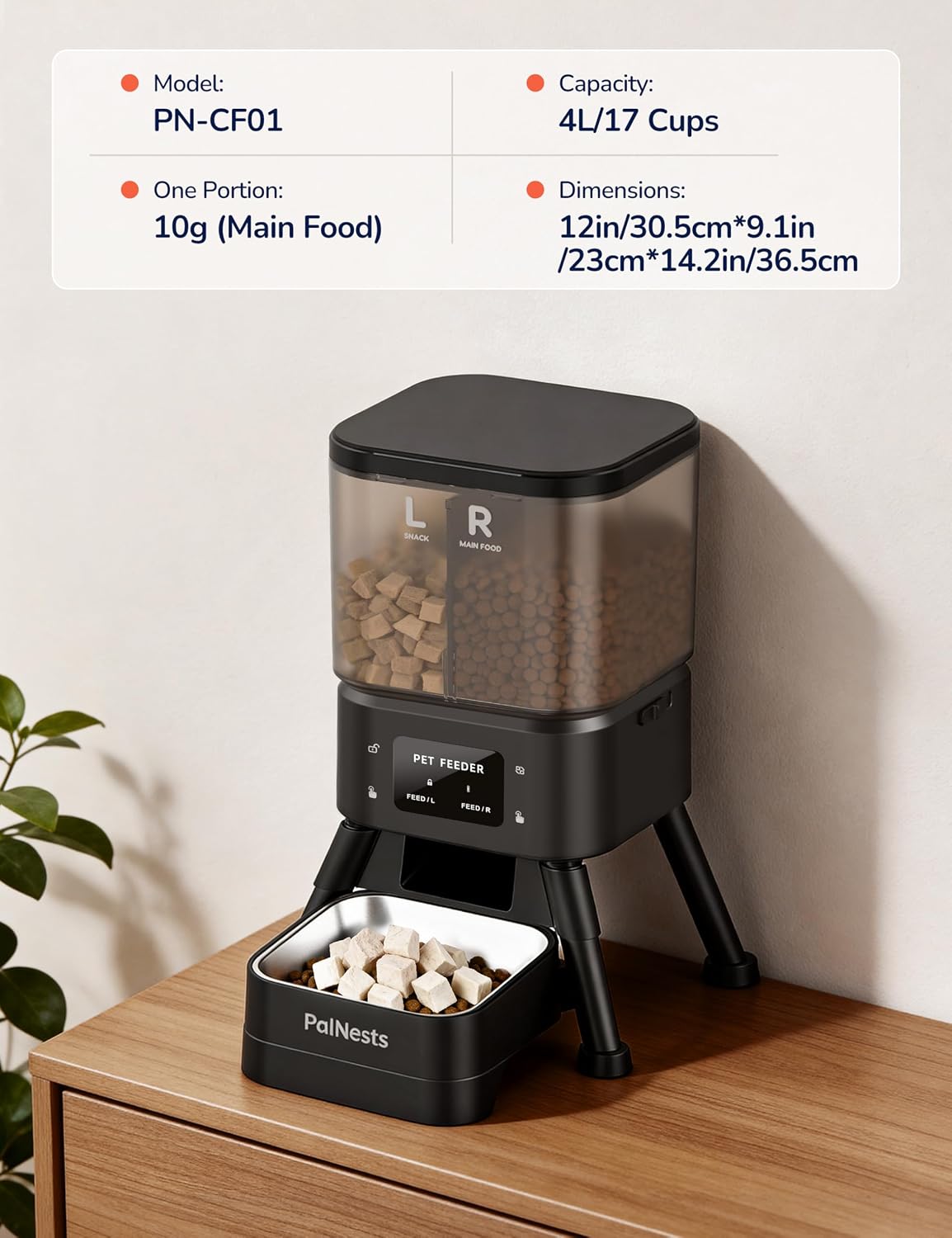 Dual Chamber Automatic Cat Feeder, Smart WiFi Pet Food Dispenser 4L with 2.4&5G WiFi App, Custom Schedule & Portion Control for Dry Food and Treats, Black - Image 7
