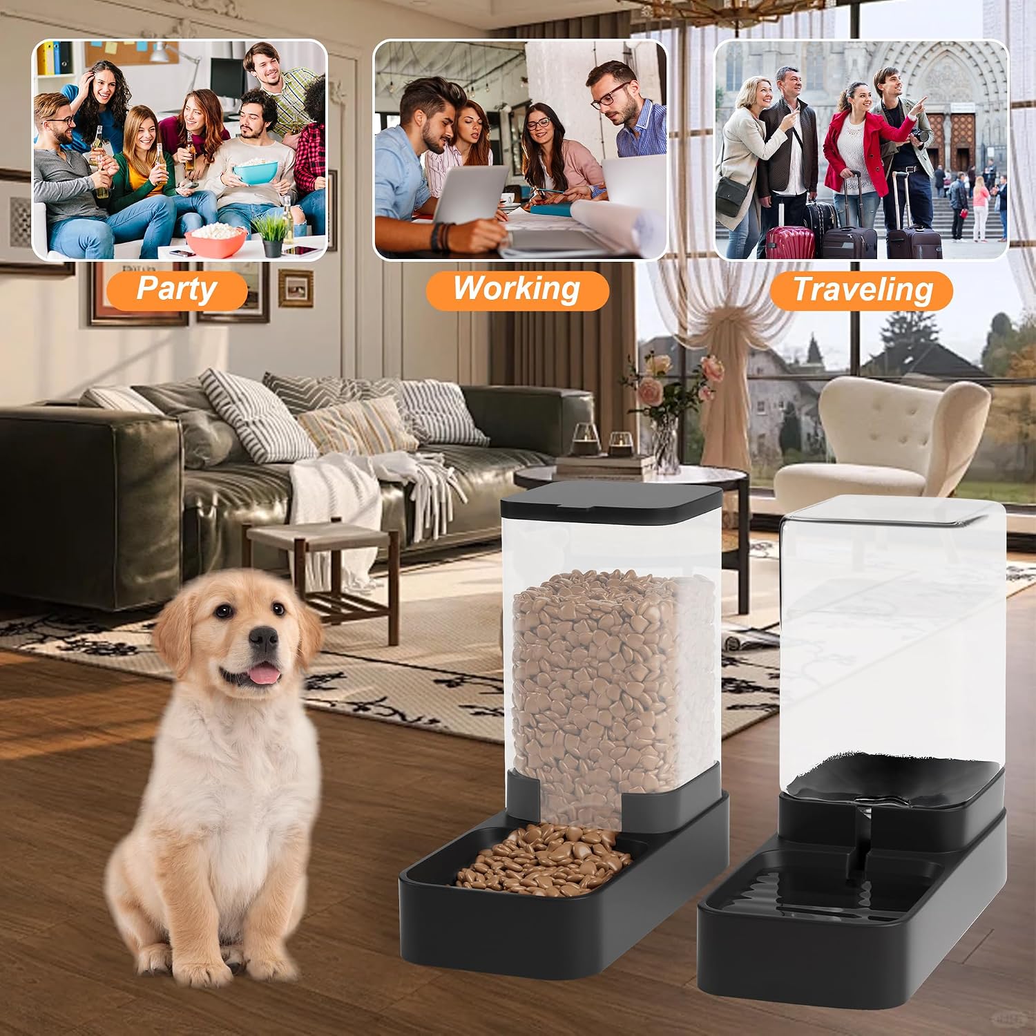 Automatic Cat Feeder and Water Dispenser in Set with Pet Food Bowl,Gravity Dog Waterer and Food Feeder for Small Medium Dog Cat Puppy Kitten Large Capacity(3.3L,Black) - Image 7