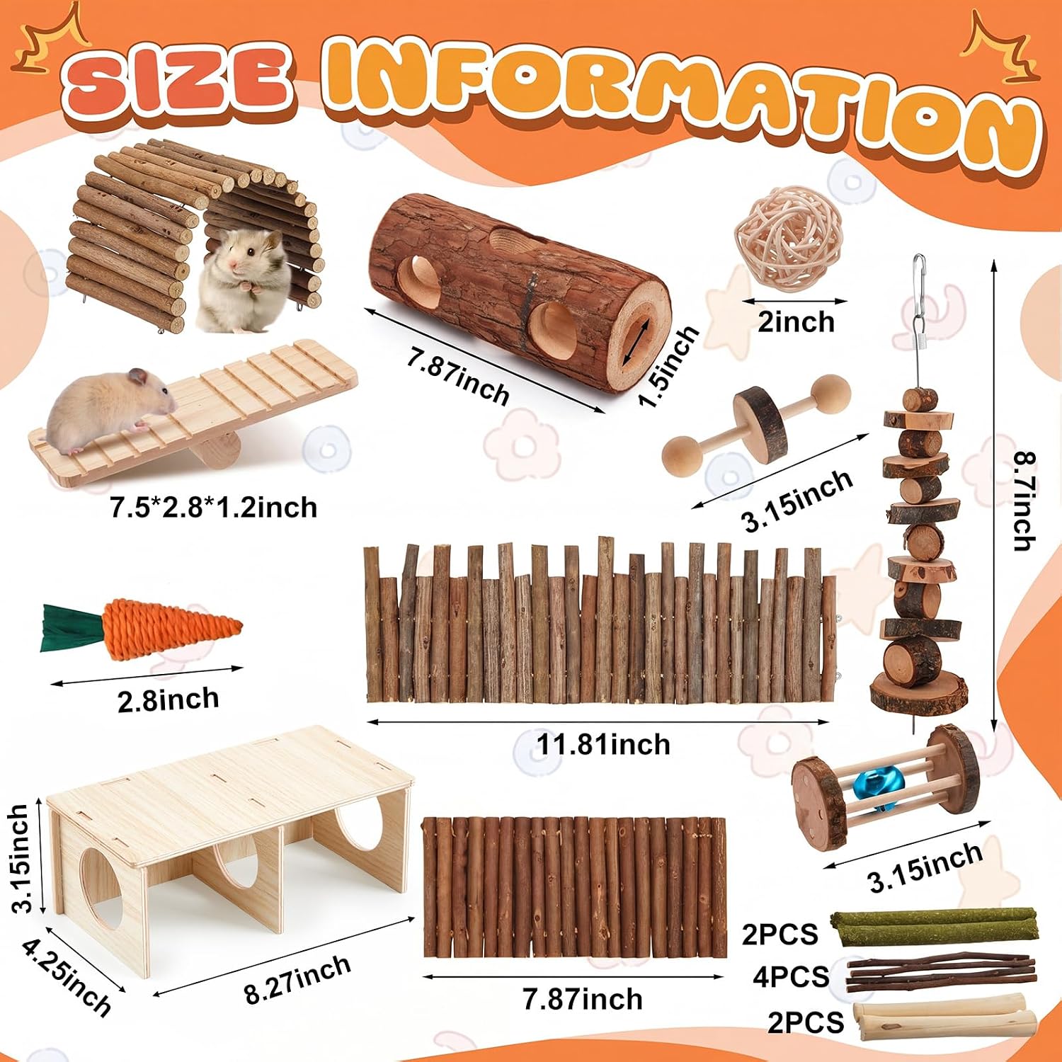 19 Pcs Hamster Cage Accessories Hamster Chew Toys Set, Maze Wood House Natural WoodenTunnel Tube Toy Set for Rat Mice Small Animals Habitat (Maze Tunnel) - Image 3