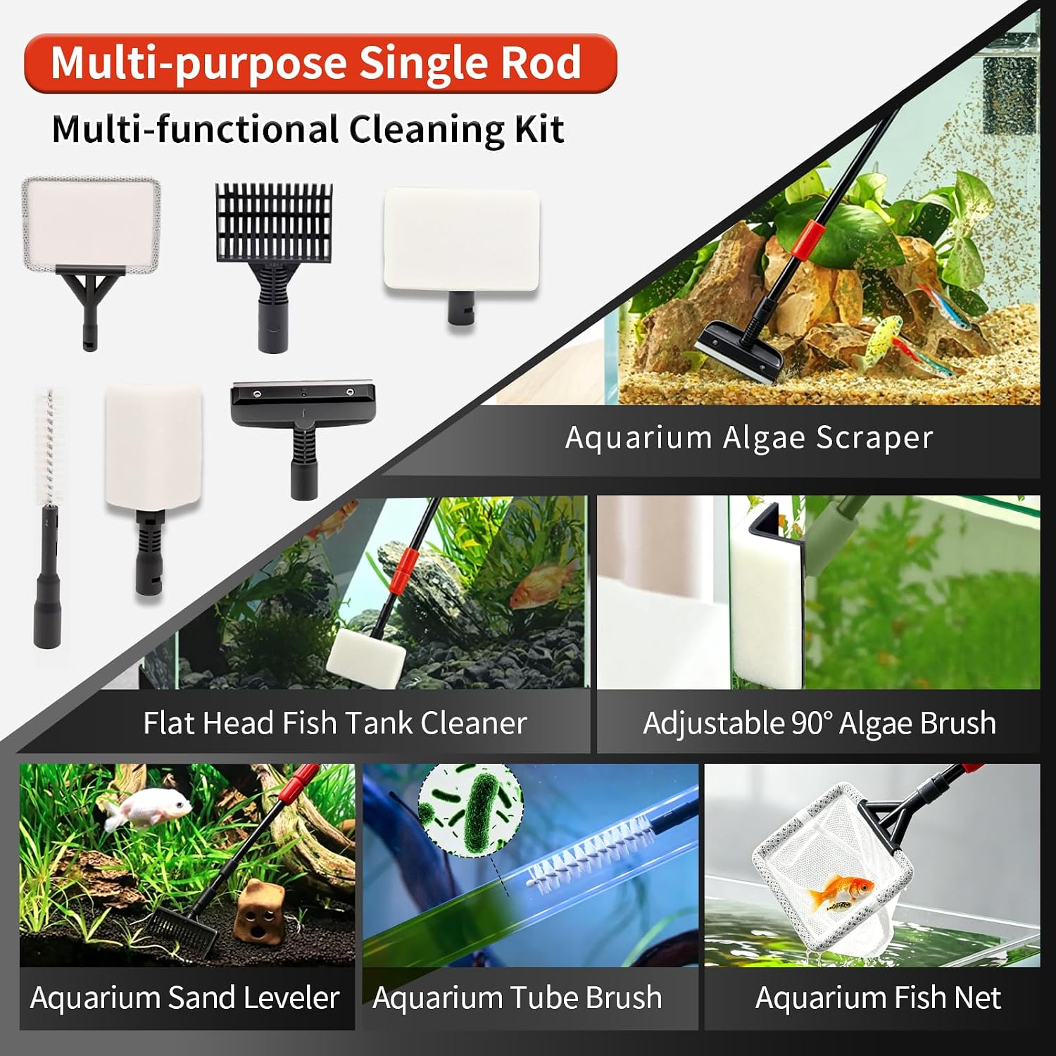 UPETTOOLS Aquarium Clean Tool 6 in 1 Fish Tank Cleaning Kit Algae Scraper Scrubber Pad Adjustable Long Handle Fish Tank Brush Cleaner Set - Image 2