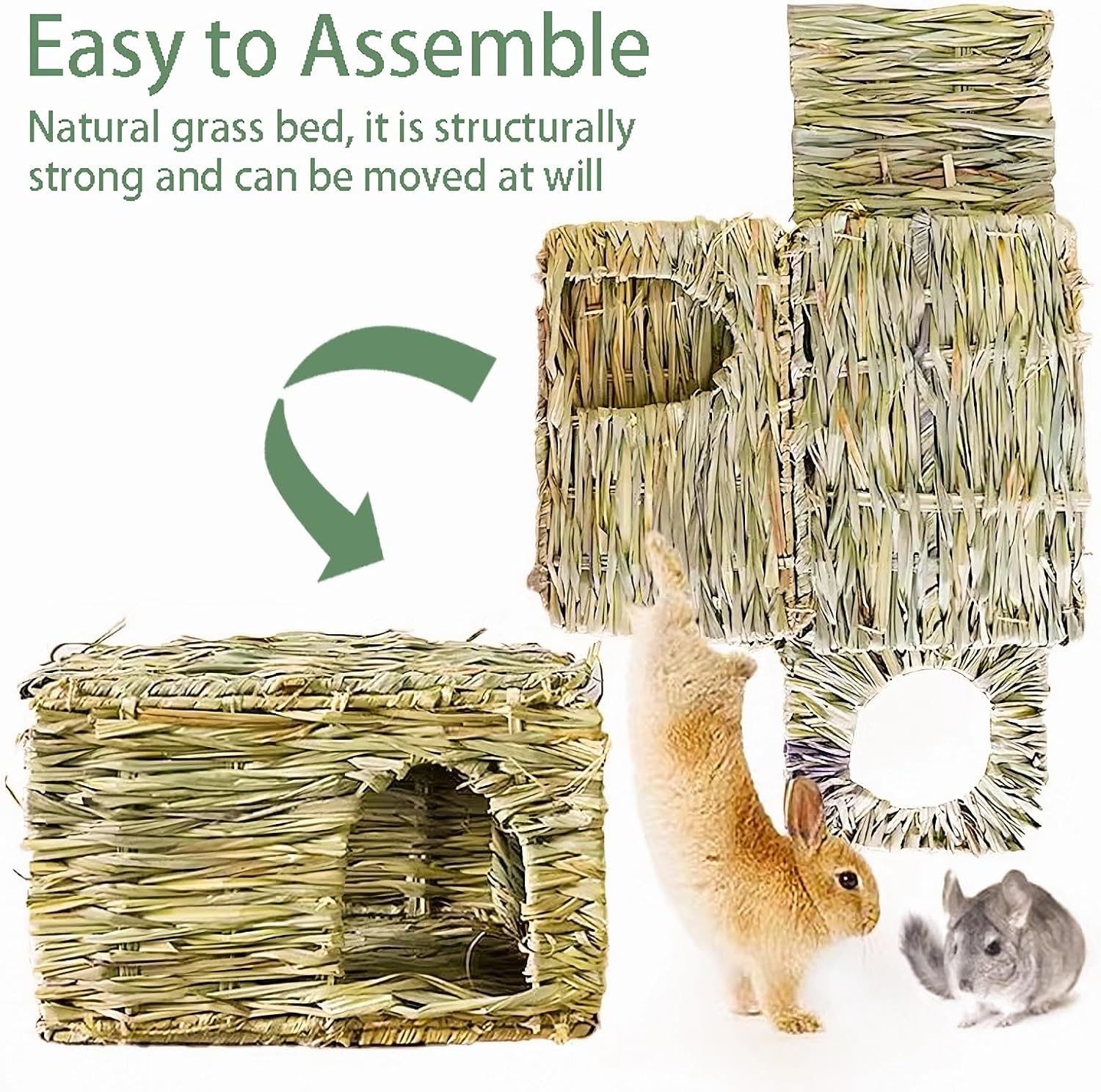 WUWEOT 2 Pack Large Grass Bunny House, Foldable Rabbit Hut, Play Hideaway Bed Hay Mat Chew Toy for Rabbit, Guinea Pigs, Gerbils, Hamster and Small Animals, 11"x8"x8" - Image 5