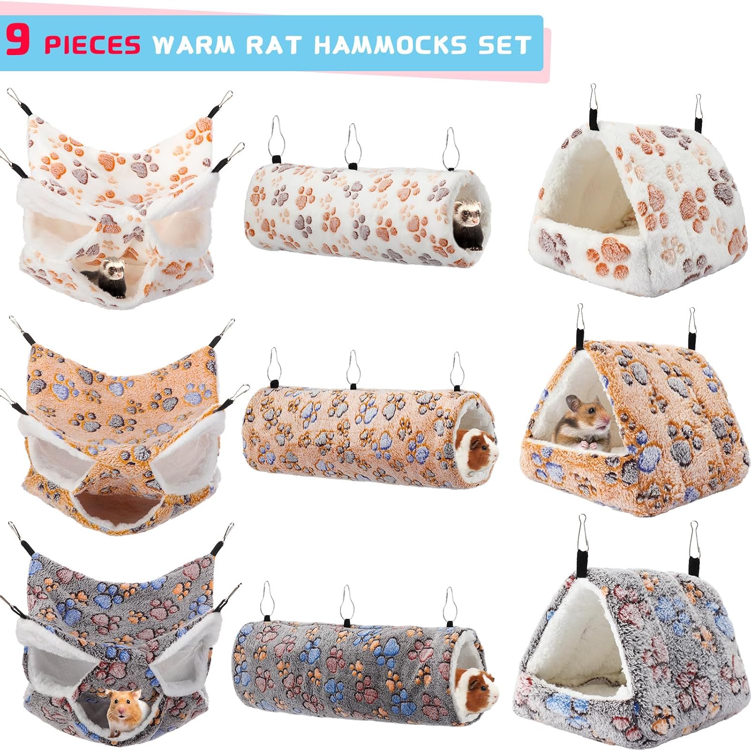 Abbylike 9 Pieces Rat Hammock 3 Tier Guinea Pig Ferret Hammocks Small Pet Hanging Tunnel Glider Toy Guinea Pig Ferret Hideout Bed Cage Accessories for Hamster(Light Brown, White, Black,Paw) - Image 4