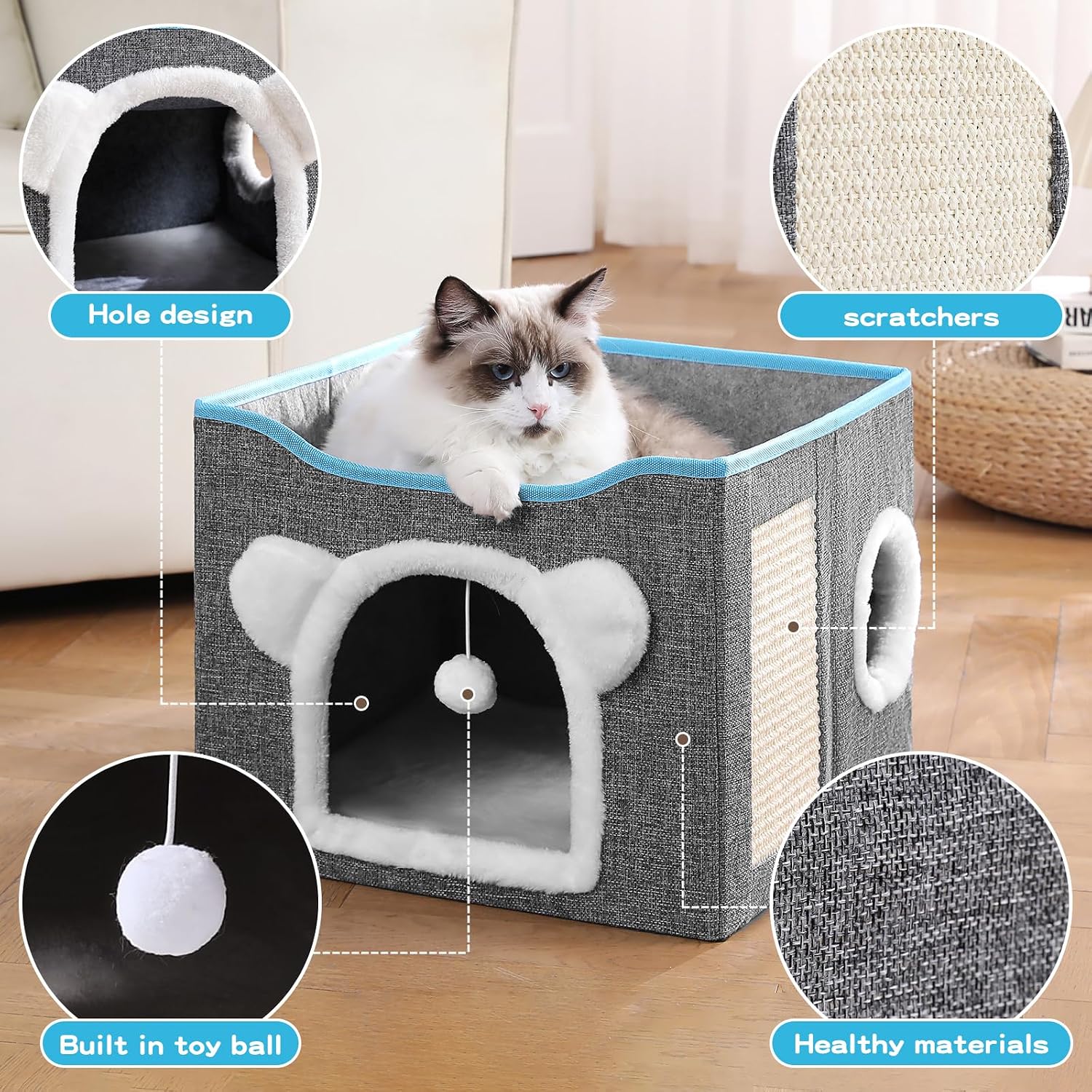Cat House for Indoor Cats, Large Cat Bed Cave with Scratch Pad and Fluffy Ball, Foldable Cat Hideaway Condo, Kitten Bed, 16x16x13inch (Grey, Large) - Image 2