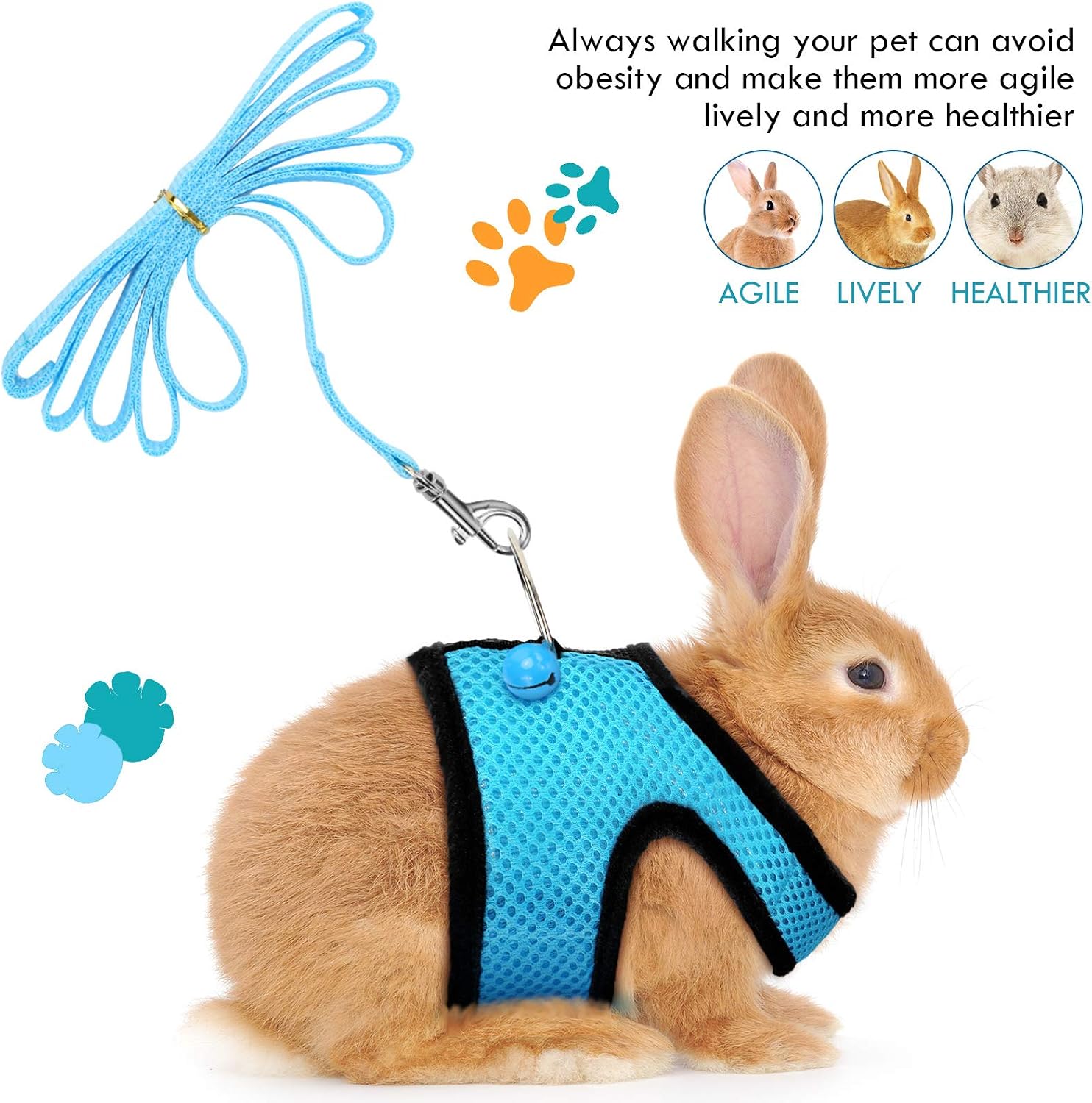 SATINIOR 2 Sets Guinea Pig Harness and Leash Adjustable Soft Mesh Harness Bell No Pulling Comfort Vest for Baby Ferret Rats Hamster Bunny Rabbit Chinchilla and Small Pet(Blue, Black,S) - Image 5