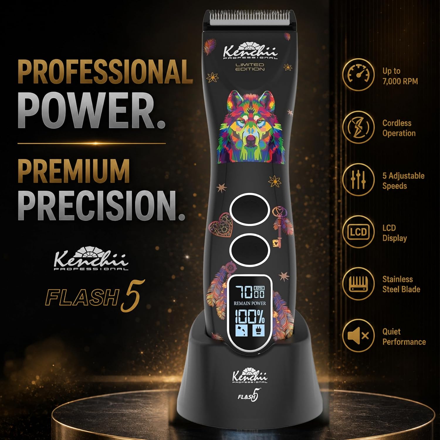 Kenchii Flash 5 Professional Dog Grooming Clippers, Cordless 5-Speed Pet Hair Trimmer for Thick Coats & Matted Fur, Quiet Heavy Duty Clipper, 5-in-1 Adjustable Blade, LCD Display, USB-C (Wolf Edition) - Image 2