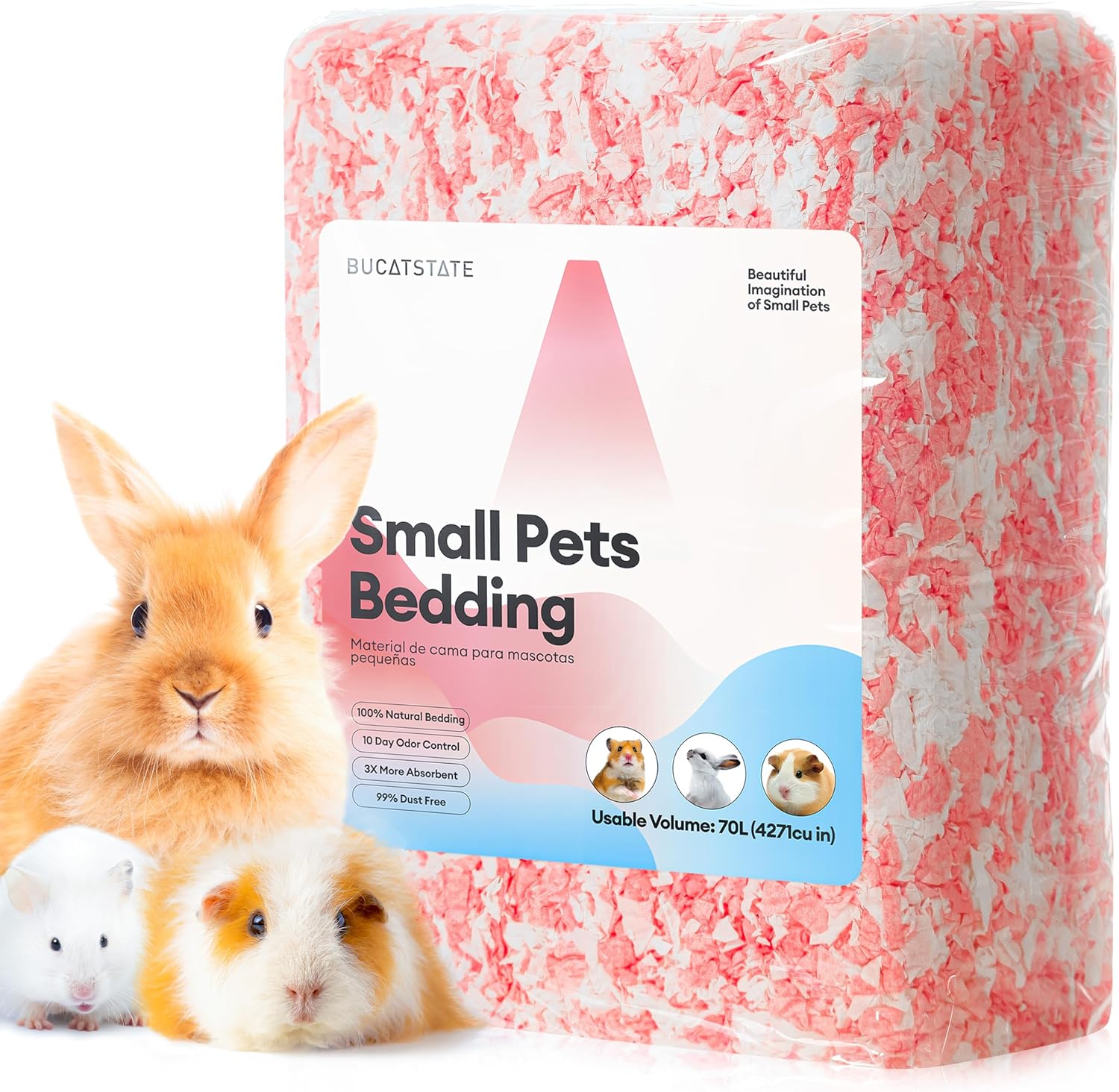 BUCATSTATE Hamster Bedding 70L, 99% Dust-Free Guinea Pig Bedding Odor Control Paper Bedding, Cozy Small Animal Bedding for Rabbit Rat Syrian Dwarf Hamsters Gerbils (Pink)