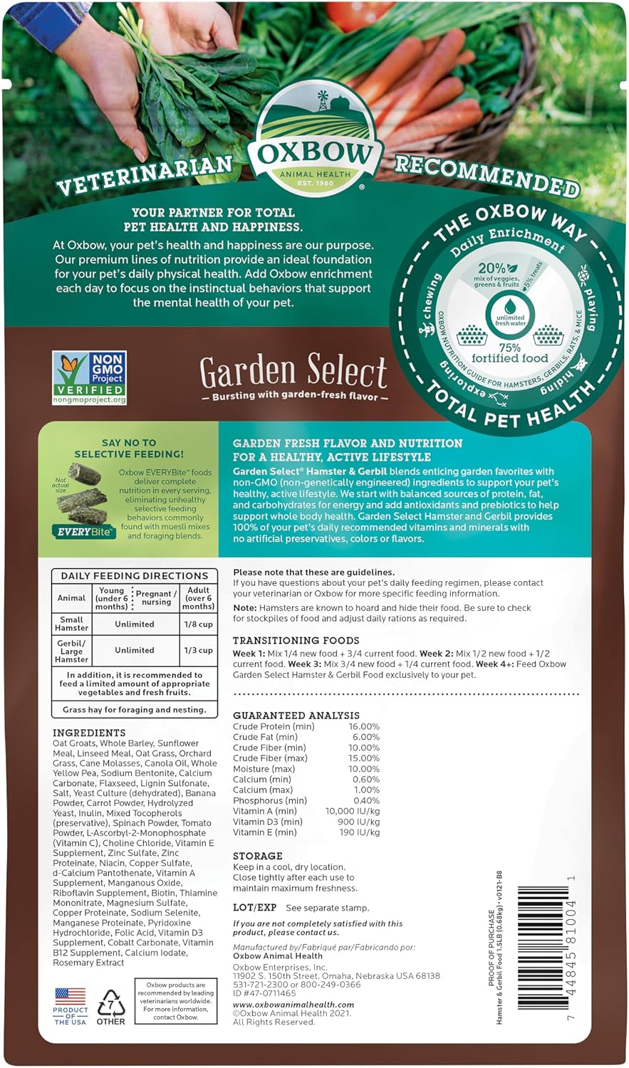 Oxbow Garden Select Hamster and Gerbil Food, Vitamin & Mineral Rich Daily Diet for Hamsters & Gerbils, Veterinarian Formulated, Non-GMO, Oxbow, Made in USA, 1.5 lb Bag - Image 2
