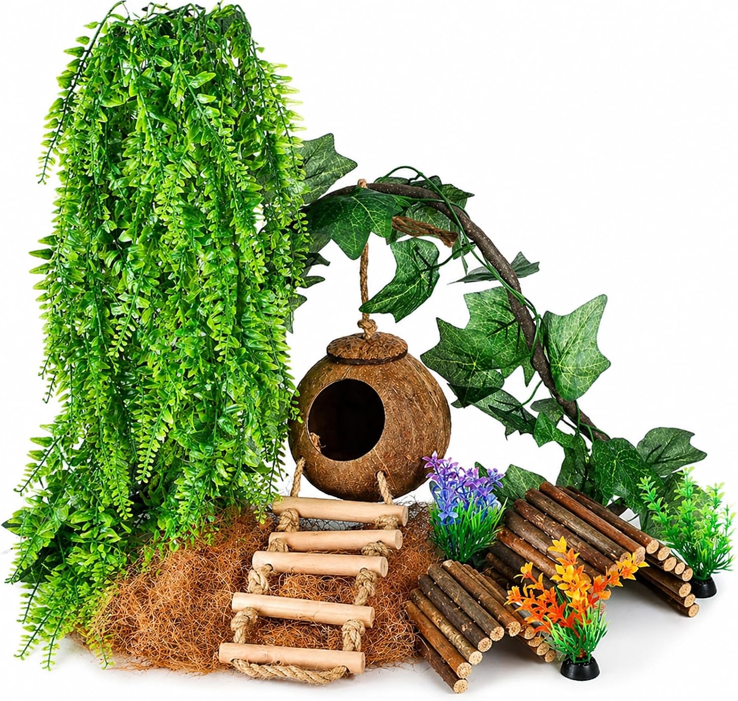 HERCOCCI Crested Gecko Tank Accessories, Reptile Hanging Plants Vines with Natural Coconut Shell Hideout & Climbing Ladder Decor for Hermit Crab Lizard Leopard Gecko Chameleon Snake Terrarium Decor