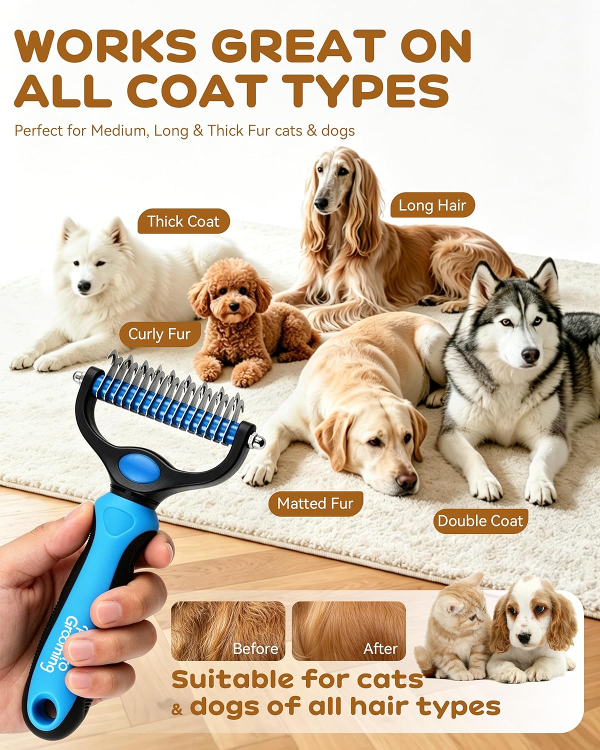 Tool, 2-In-1 Double-Sided Grooming Tool, Deshedding Dog Brush, Pet Shedding Remover Rounded-Tooth Comb For Painlessly Removing Knots And Loose Hair (Blue-Large) - Image 7