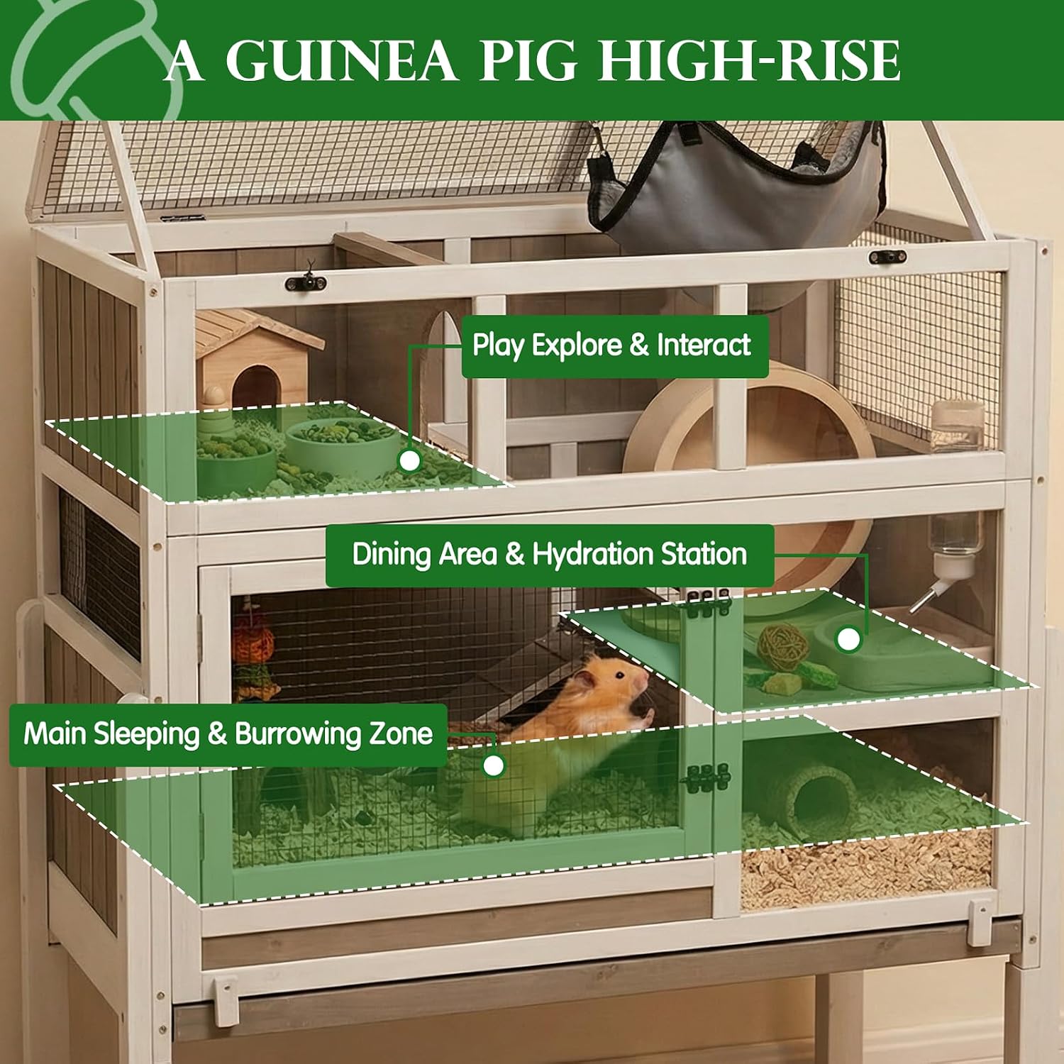 Large Guinea Pig Cages, 3-Story Indoor Guinea Pig Habitats with Stand, Hedgehog Cage Rabbit Hutch with Pull-Out Tray, Flip-Open Roof, Cozy Hammock - Image 4