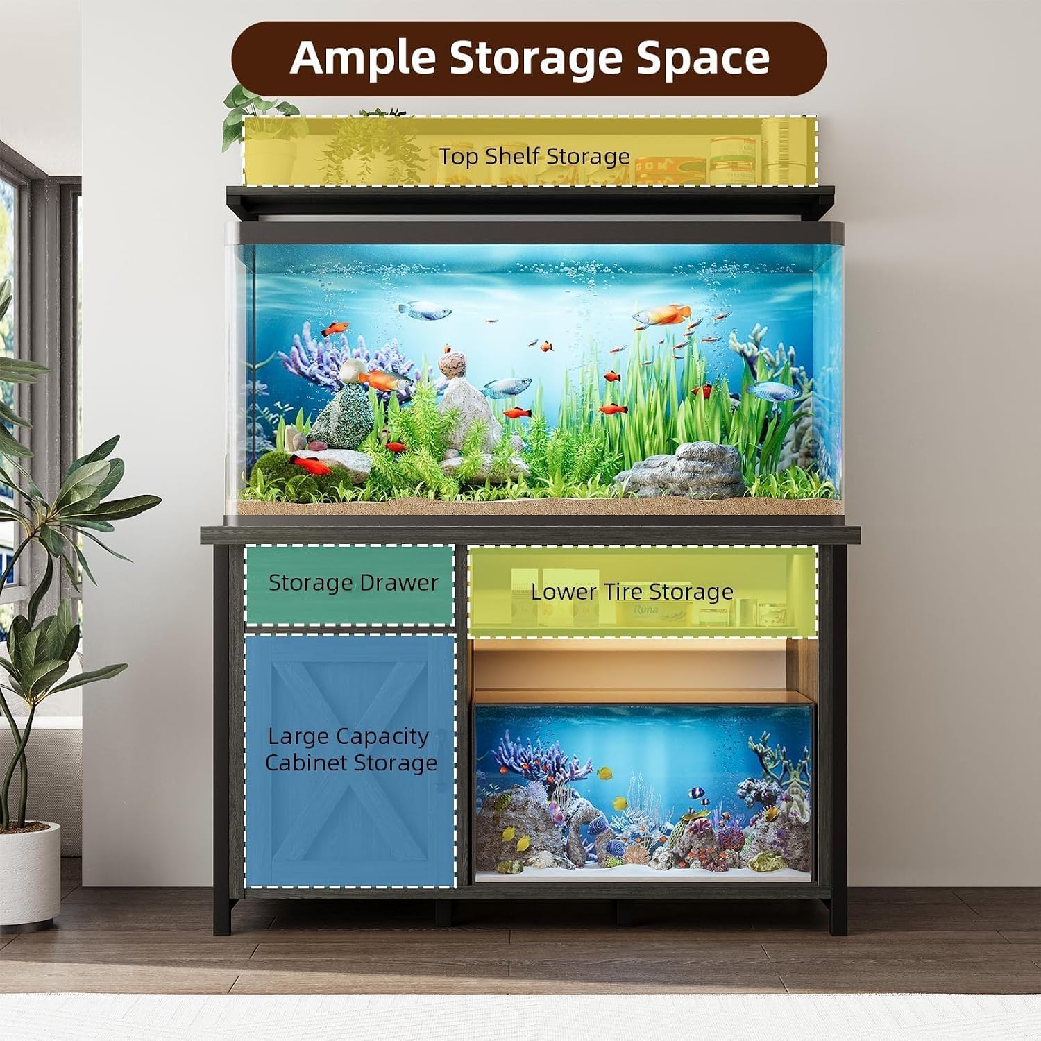 55-75 Gallon Fish Tank Stand with Power Outlet, Led Light, Aquarium Stand with Cabinet for Fish Tank Accessories Storage, Shelf, for Turtle Tank, Reptile Terrarium, 1100 LBS, Gray - Image 6