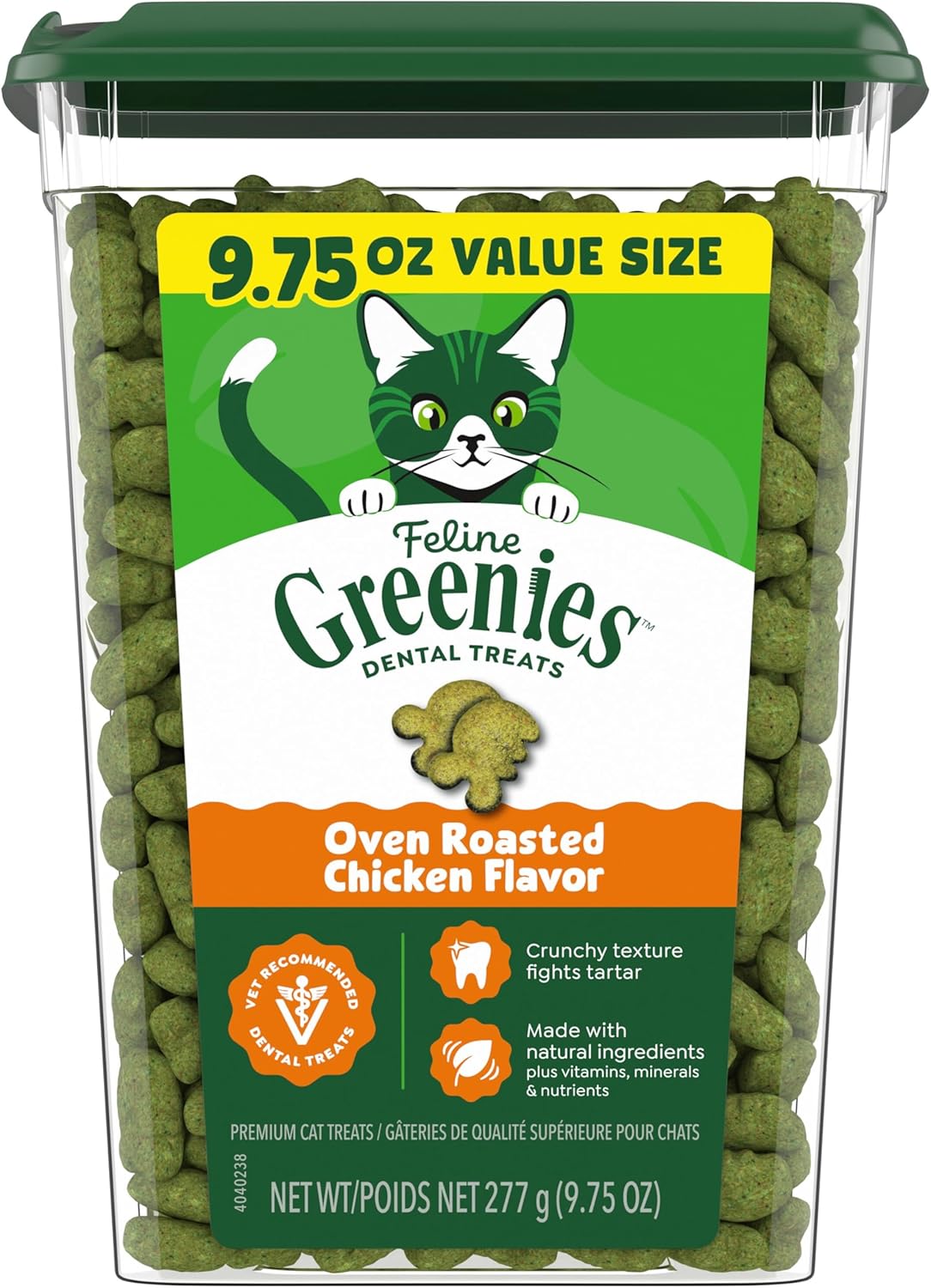 Greenies Cat Treats, Feline Veterinarian-Recommended Adult Natural Dental Cat Treats, Oven Roasted Chicken Flavor, 9.75 oz. Tub