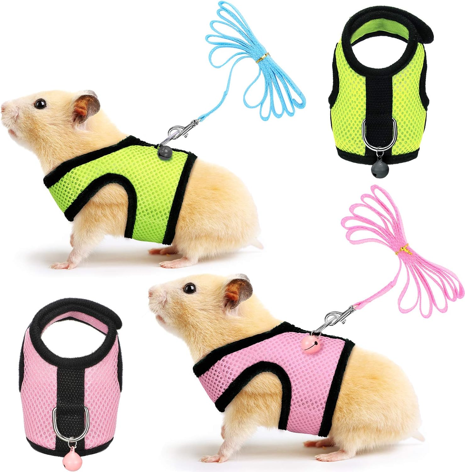 SATINIOR 2 Sets Guinea Pig Harness and Leash Adjustable Soft Mesh Harness Bell No Pulling Comfort Vest for Baby Ferret Rats Hamster Bunny Rabbit Chinchilla and Small Pet(Green, Pink,S)