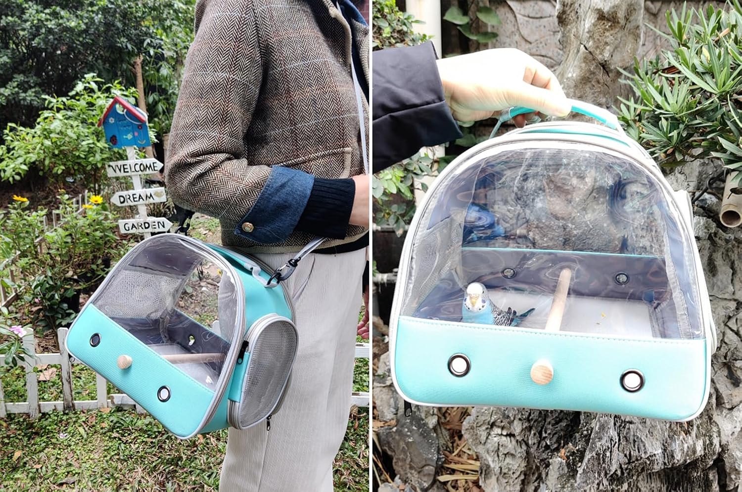 Bird Carrier, Portable Small Bird Parrot Parakeet Carrier with Standing Perch and Stainless Steel Tray, Side Access Window Collapsible (Green, Clear Windows) - Image 7