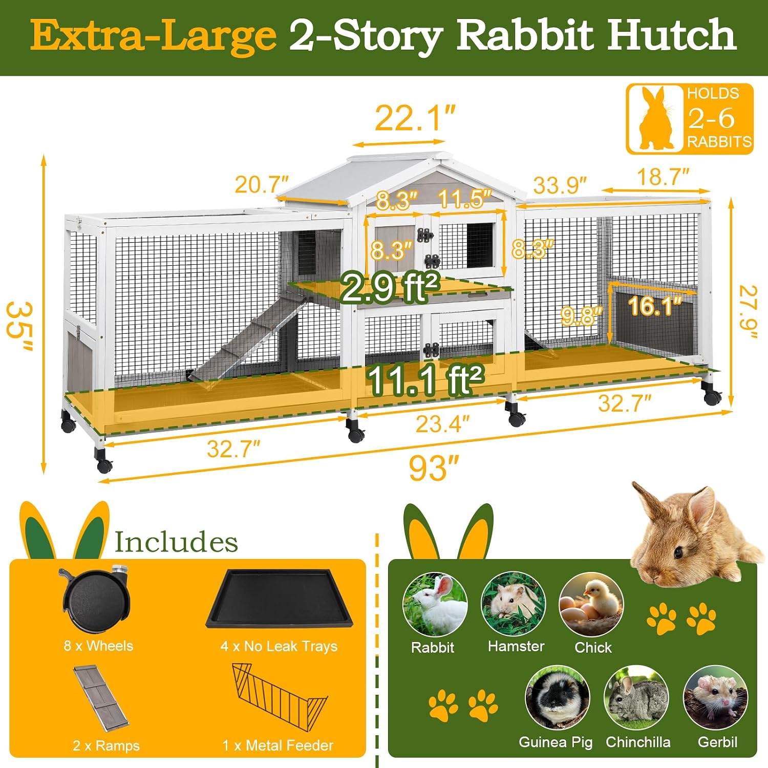 PetsCosset Double Rabbit Hutch Outdoor Indoor Large Bunny Cage with Dual Side Runs, 2-Story Wooden Hutch with 4 Leak Proof Trays, 8 Wheels, Waterproof Roof, Ramp, for Small to Medium Animals - Image 2