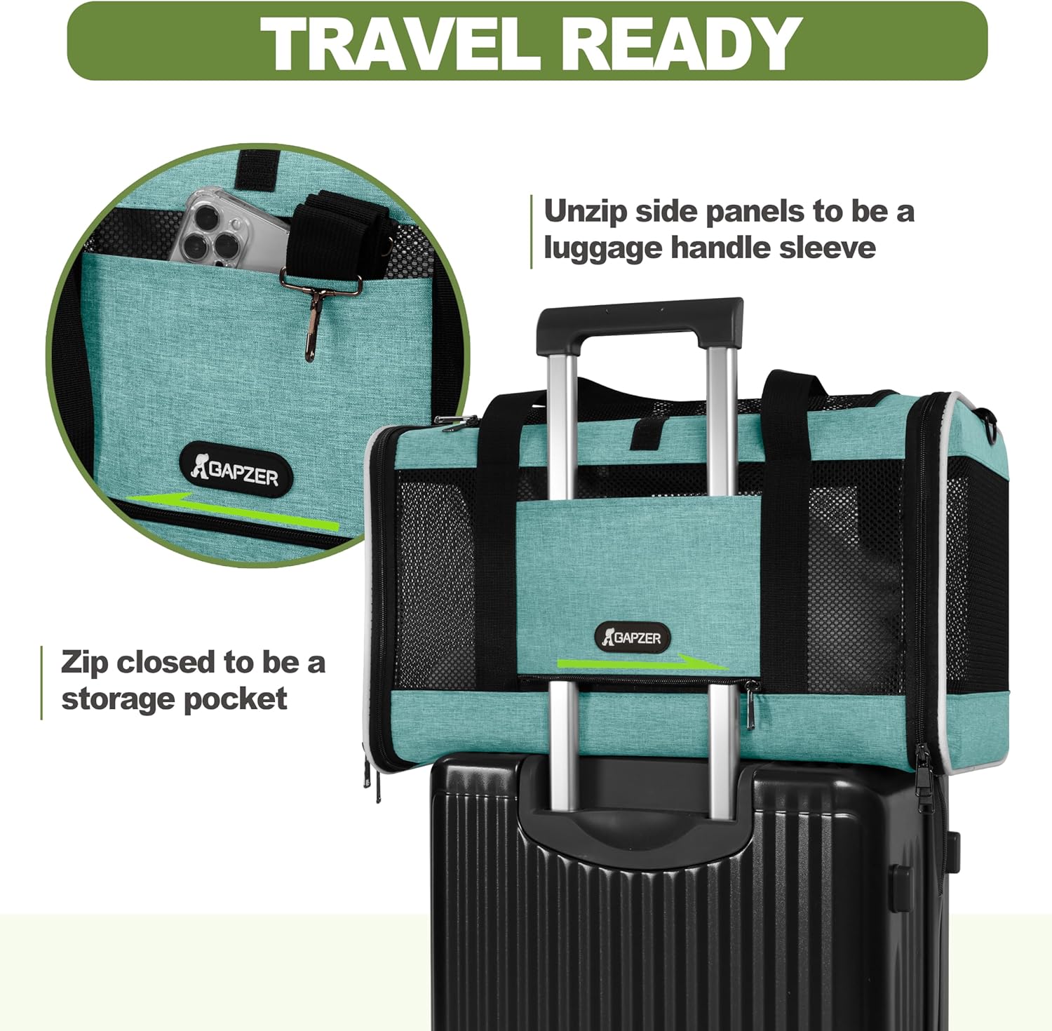 GAPZER Cat Carrier 18"x11"x11" TSA Approved Ventilated Pet Air Travel Cage | Top Open Small Animal Basic Crate, Shih Tzu Dog Softsided Durable Kennel, 4-Mesh-Side Kitty Carry on Case up to 20 lbs Teal - Image 6