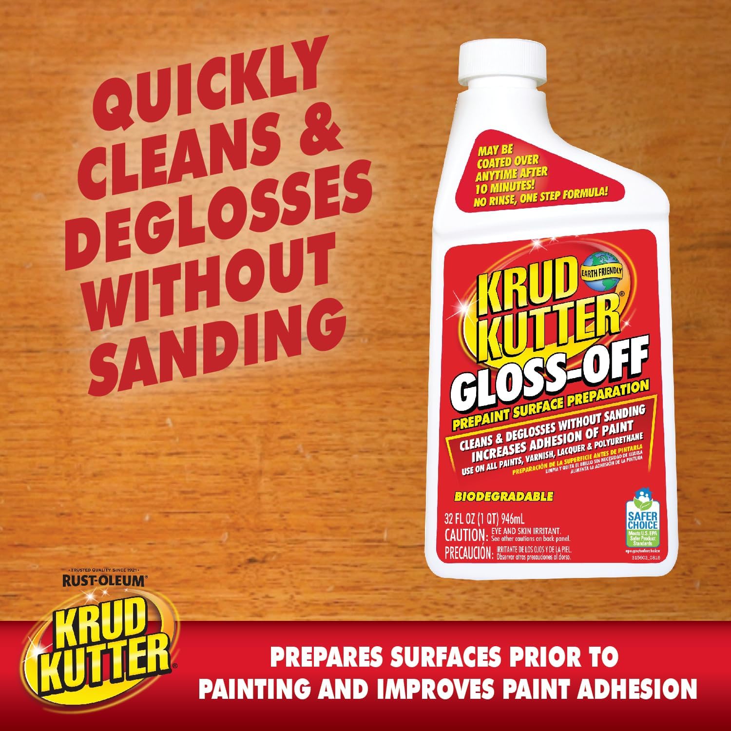 Krud Kutter Gloss-Off Prepaint Surface Preparation Cleaner, 32 oz, No Sanding Liquid Deglosser for Cabinets, Trim, Doors and Furniture, Removes Dirt Grease and Gloss for Paint Adhesion - Image 3