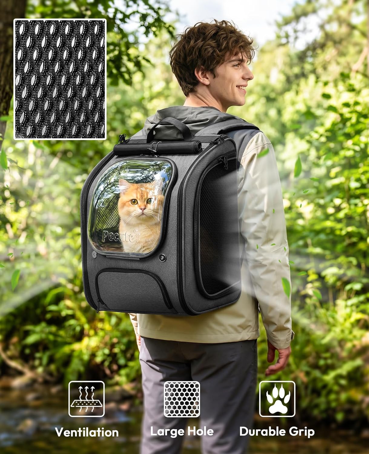 Pecute Cat Backpack Carrier,Large Space Dog Backpack,Ergonomic,Gray | Sunshade Curtain,Transparent Window,Safety Rope,Sturdy,Large Mesh on Both Sides for Breathability,Suitable for Outdoor,Vet - Image 4