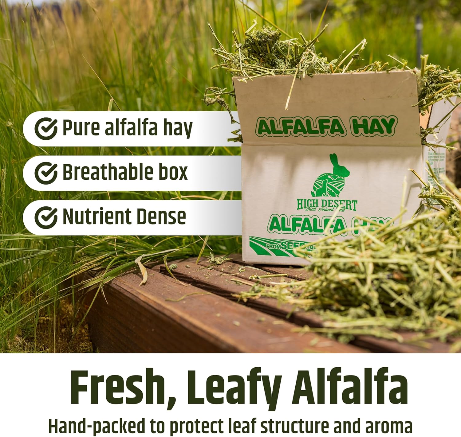 High Desert Alfalfa Hay, Protein Rich Soft Leaf Food for Young Growing Animals, Natural Rabbit Food and Guinea Pig Hay, Supports Digestive Health, Small Pet Supplies, Fresh Hand Packed 5 Lb Box - Image 6